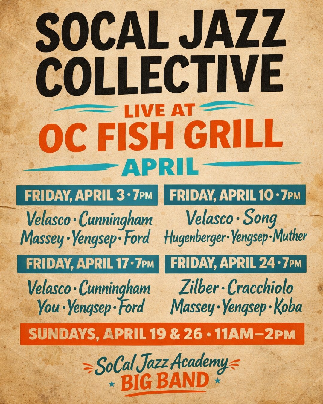 We'll see you every Friday and two Sundays in April at @ocfishgrill 🎷 Save the dates and come out. Call for tables 949-988-7002.