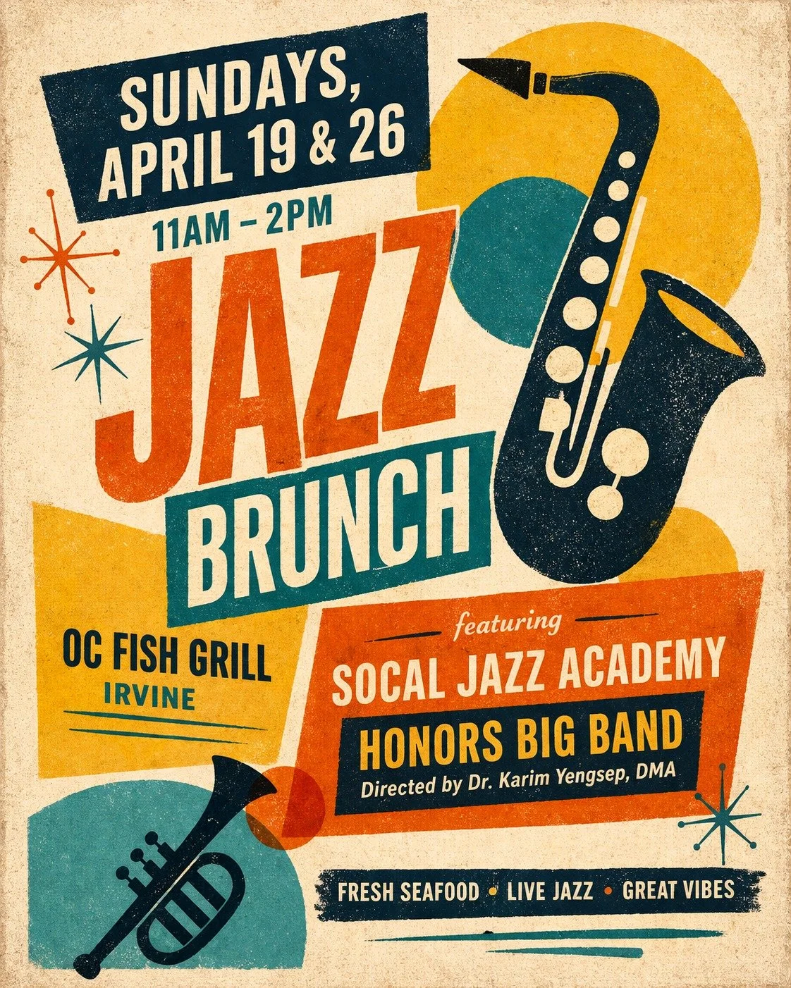 Our student Big "Small" Band is back to @ocfishgrill for two weekends of Sunday Jazz vibes. Come out and hang with fam and friends! Good stuff. Limited seating call venue to book a table! ☎ 949-988-7002. No cover. Peace.