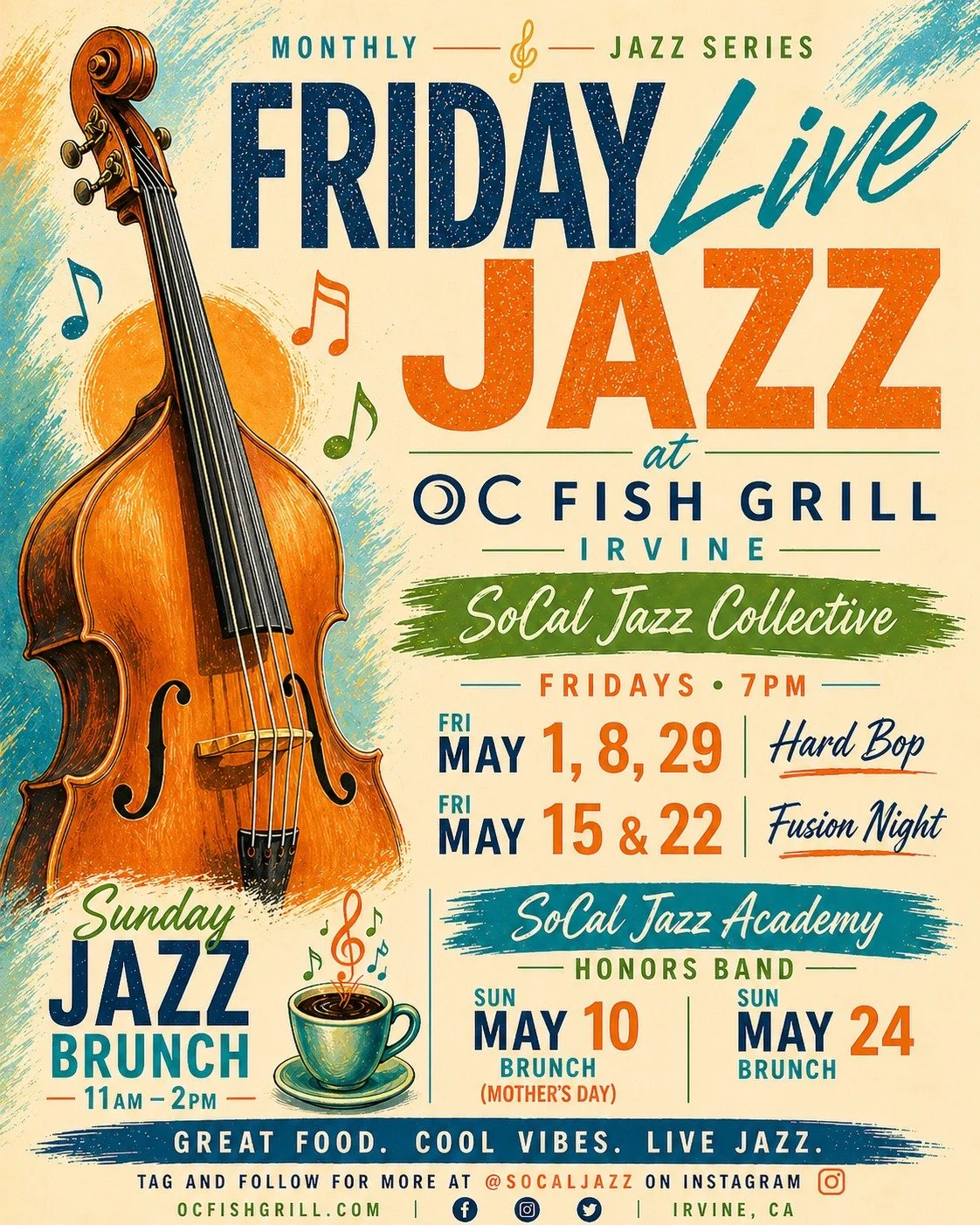 We'll see you in May at Irvine's @ocfishgrill for three nights of smokin' Hard Bop, two electric Fusion nights of repertory from 70s and beyond, and two Sunday Jazz brunches including Mother's Day celebration featuring the talents of our students fro