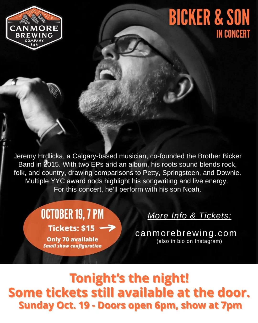 Still time to get tickets at the door! Doors open at 6:00pm.
The first of our fall music lineup is set for October 19. We're setting up for a cozy night of roots rock, folk and country with Bicker and Son. 
Eventbrite link:
https://www.eventbr