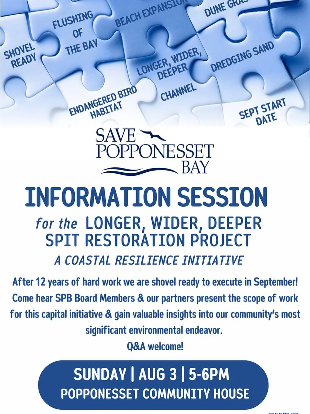 Join us for an Information Session on the Longer, Wider, Deeper Spit Restoration Project &mdash; a major step toward coastal resilience and environmental protection 💙

📅 Sunday, August 3
🕔 5&ndash;6 PM
📍 Popponesset Community House

Come hear fro