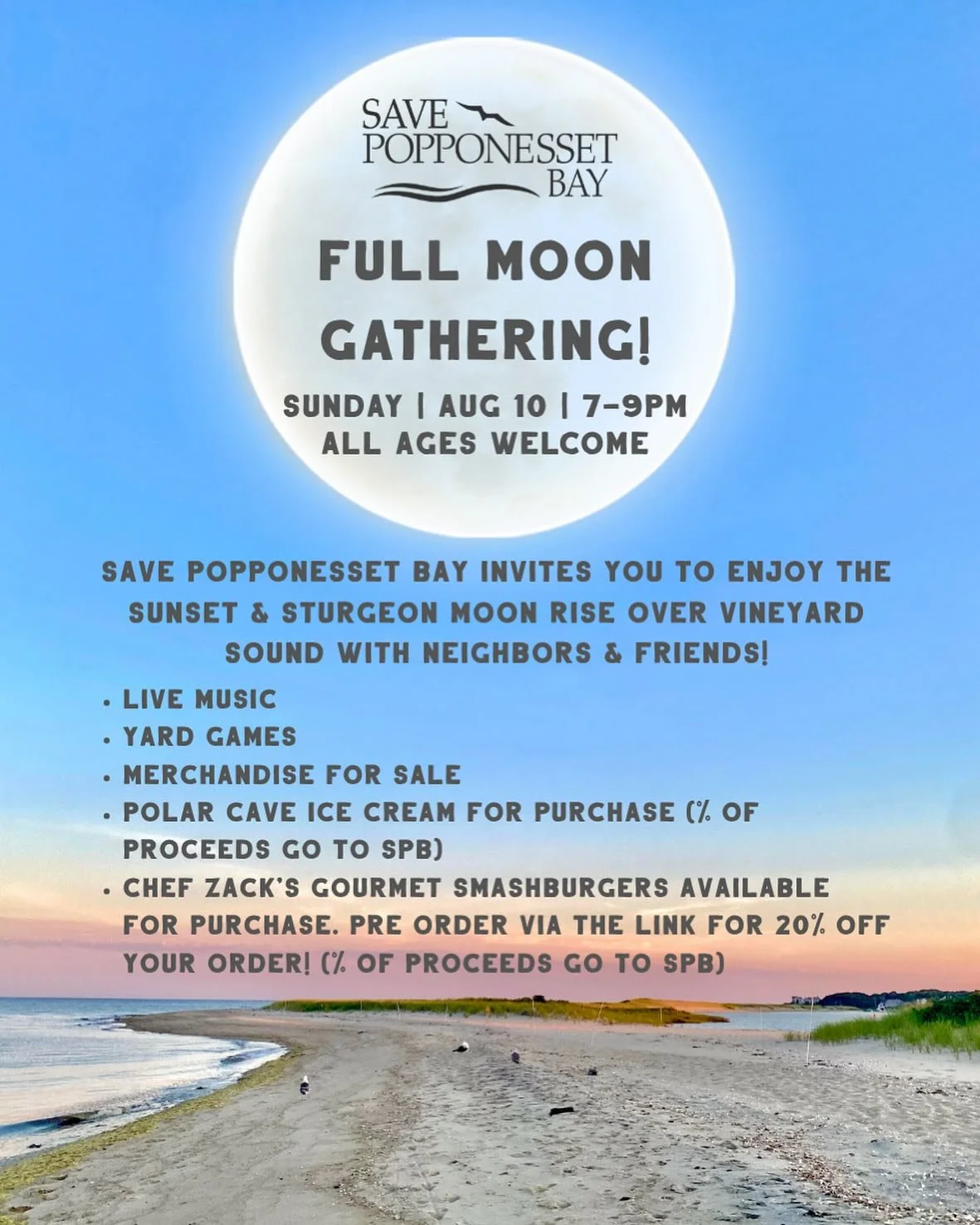Full Moon Gathering at The Spit 🌕
Smashburgers, Polar Cave Ice Cream, live music &amp; yard games &ndash; what more could you want on a summer Sunday?
🗓 Sunday, August 10 | 7PM
👕 Merch for sale
🍔 Pre-order your smashburger &amp; save 20%!
💙 A po