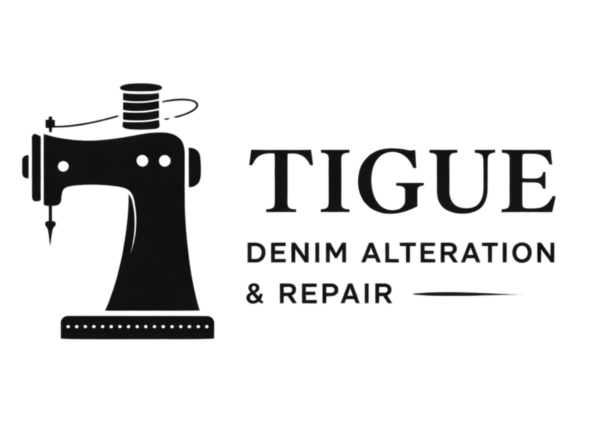 Logo for Tiger Denim Alteration & Repair featuring a stylized sewing machine and text.