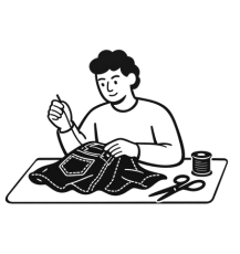 Illustration of a person sitting at a table reading a book with a cup nearby, with a pen in hand.