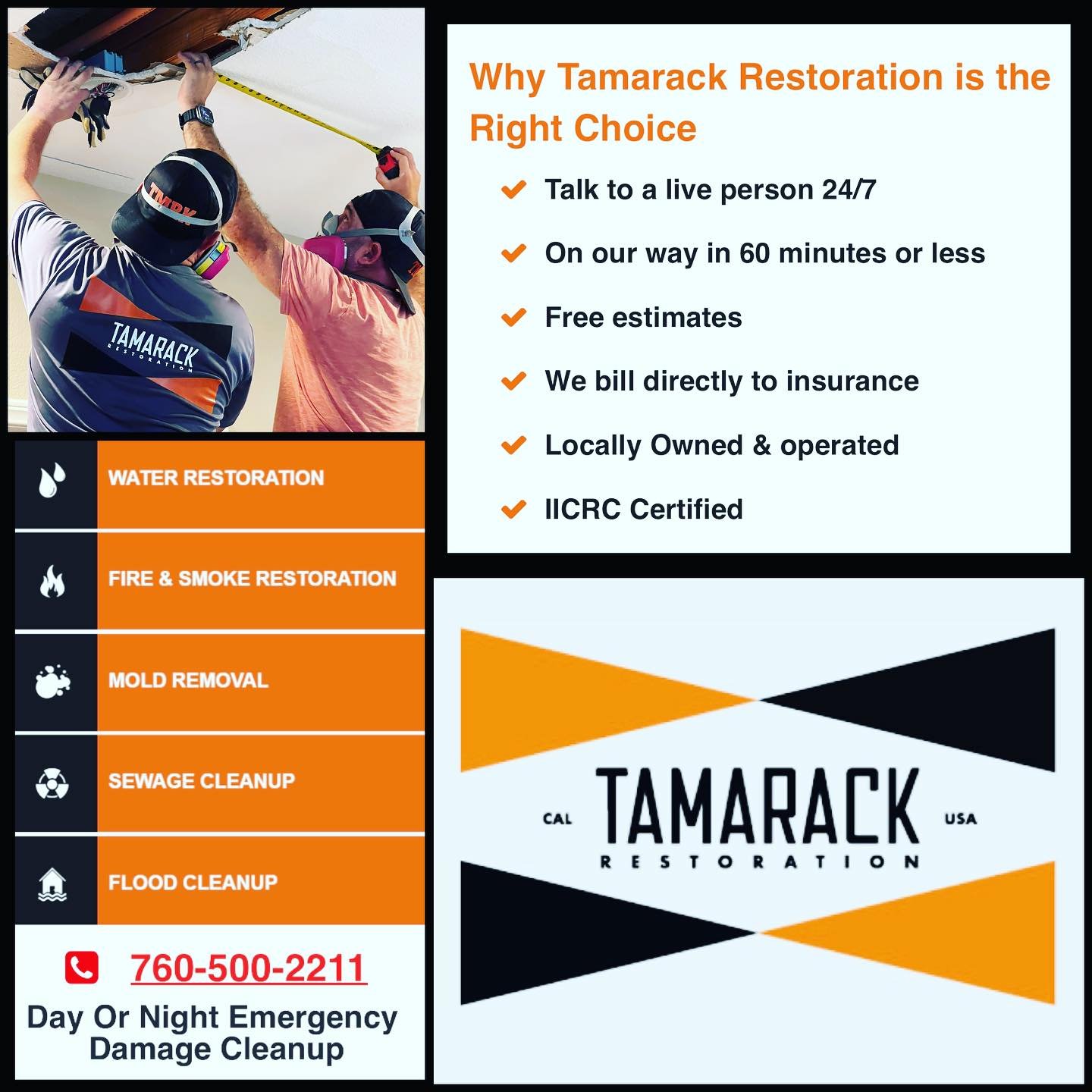 We are ready to help you any time of the day. If you need us, we are one call away!!! 
24/7 👉🏼 760.500.2211

.
.
.
#tamarackrestoration #waterdamage #iicrccertified #sandiegocountybusiness #molddamagerepair #carlsbadsmallbusiness