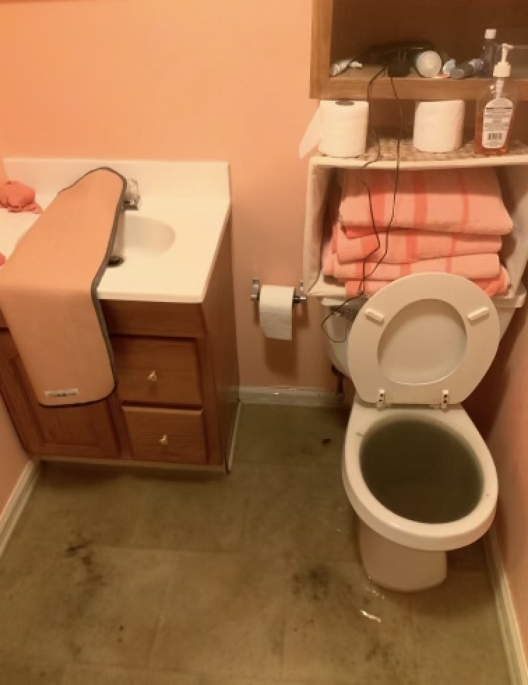 Toilet with dark water, pink towels, toilet paper, and bathroom shelf with toiletries and bottled items.