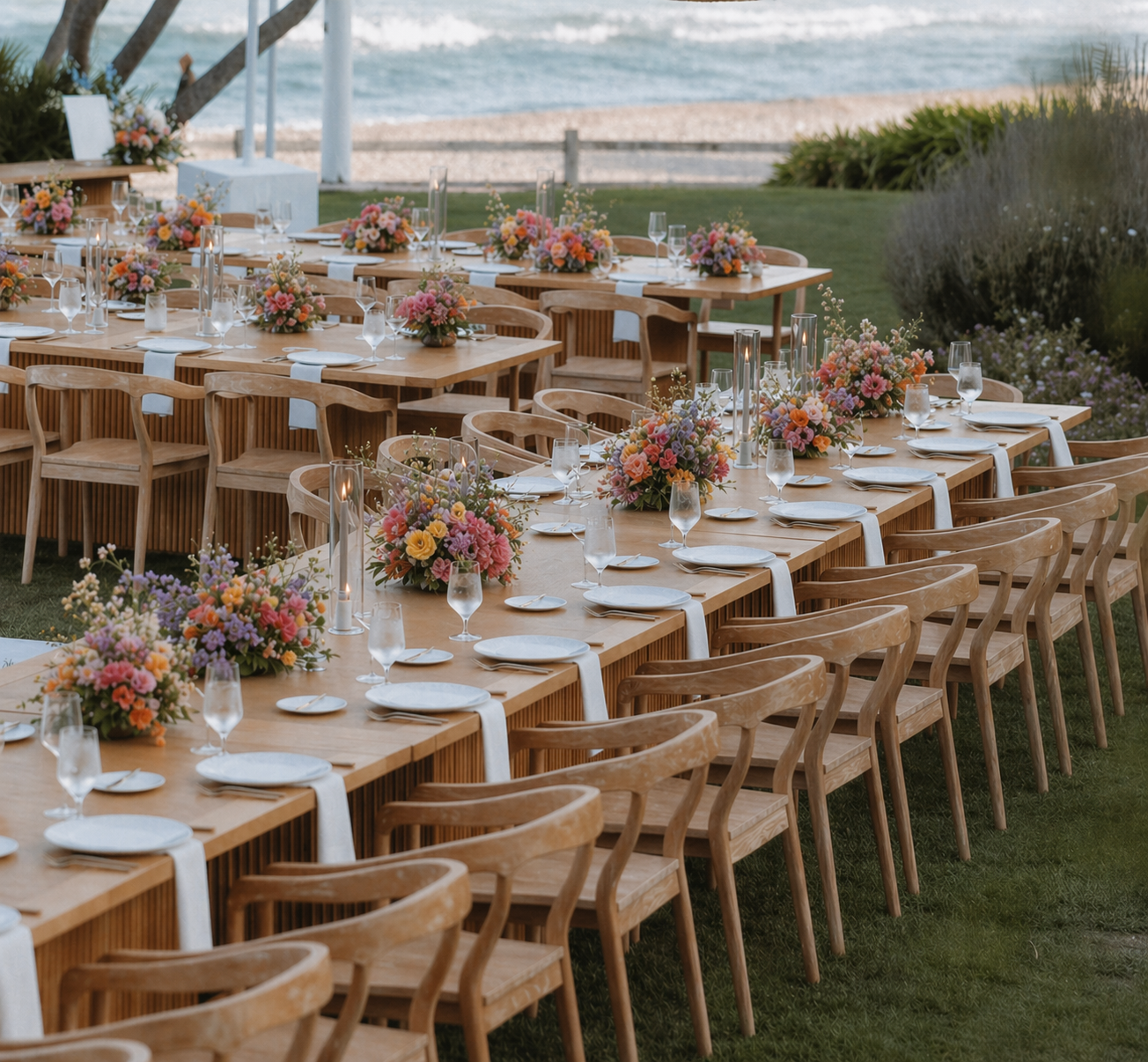 Elegant outdoor beachside wedding reception setup with long wooden tables, floral centerpieces, white table runners, wine glasses, plates, and candles, overlooking the ocean.