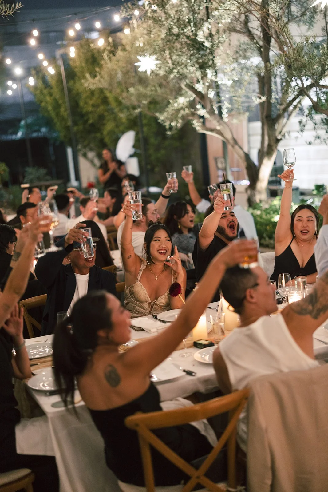 A group of people at an outdoor celebration raising their glasses in toast, smiling and enjoying the event under string lights and decorated trees in the evening.