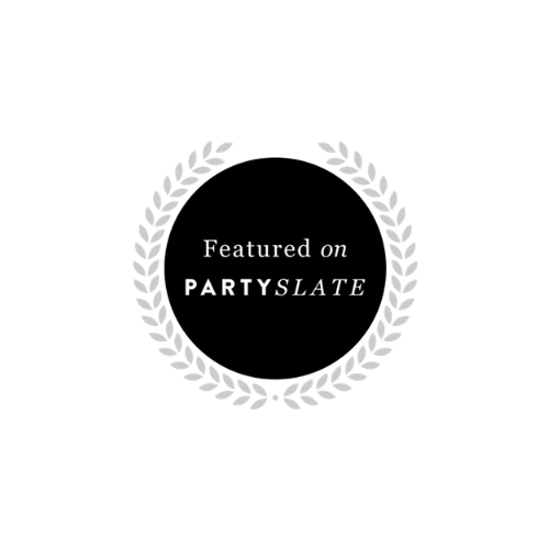 Black background with a white laurel wreath and text that reads "Featured on PARTYSLATE."