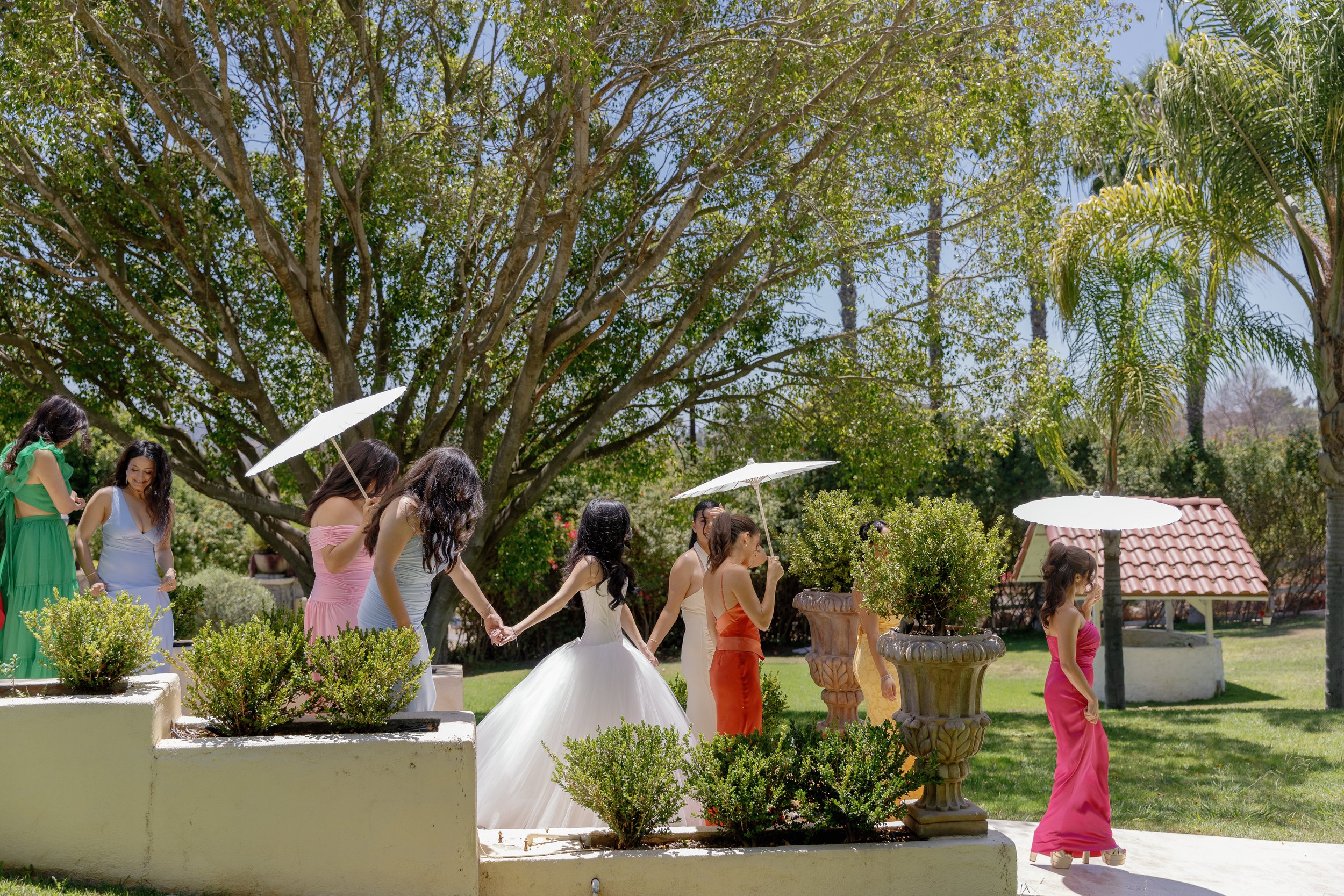 A group of women, dressed in colorful formal dresses, holding hands, possibly participating in a wedding or garden party, outdoors on a sunny day with lush greenery and trees