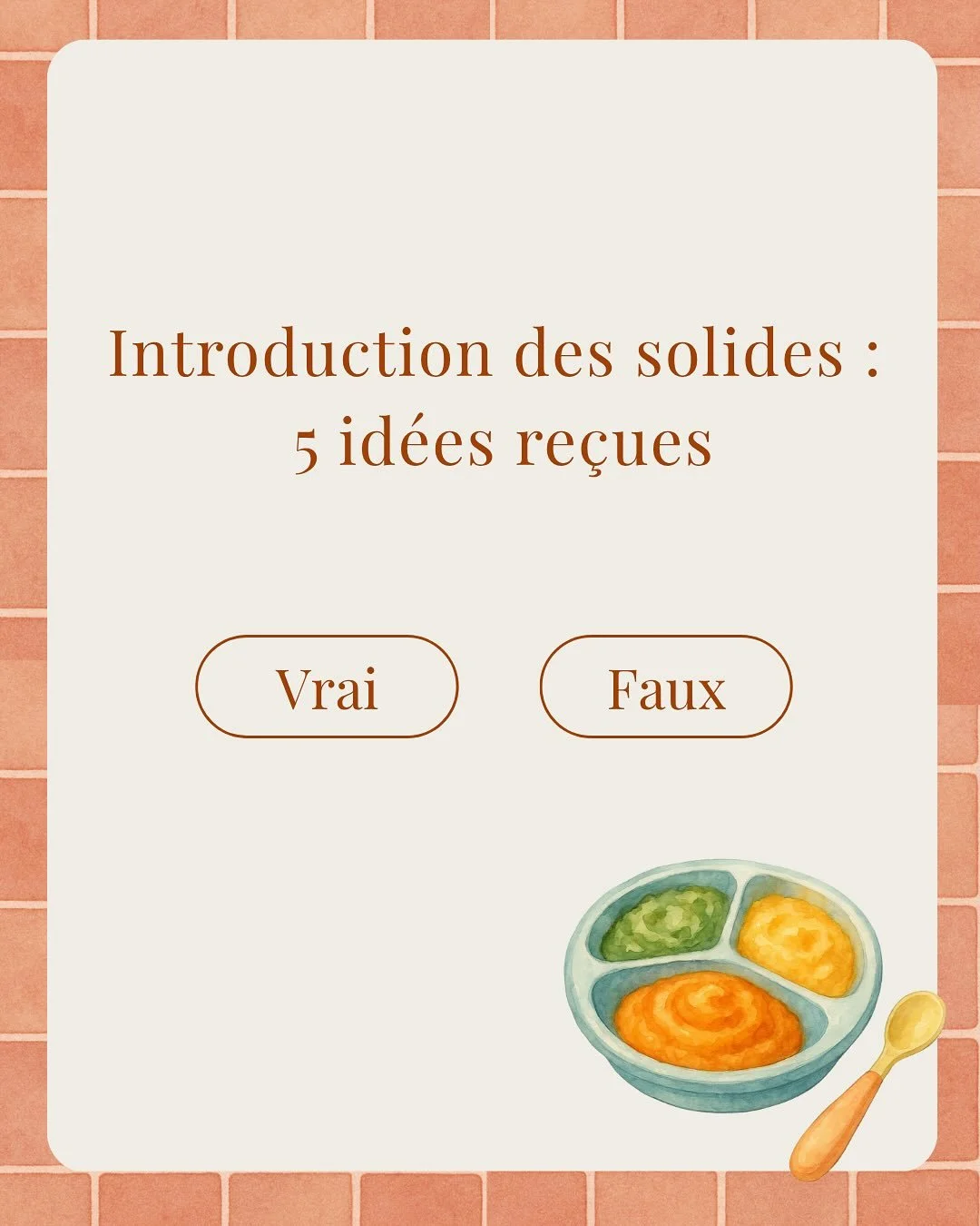 Tu t&rsquo;appr&ecirc;tes &agrave; commencer les solides avec ton b&eacute;b&eacute; et tu entends tout et son contraire ?
👉 Dans ce carrousel, je te propose de d&eacute;m&ecirc;ler le vrai du faux autour de l&rsquo;alimentation des tout-petits : te