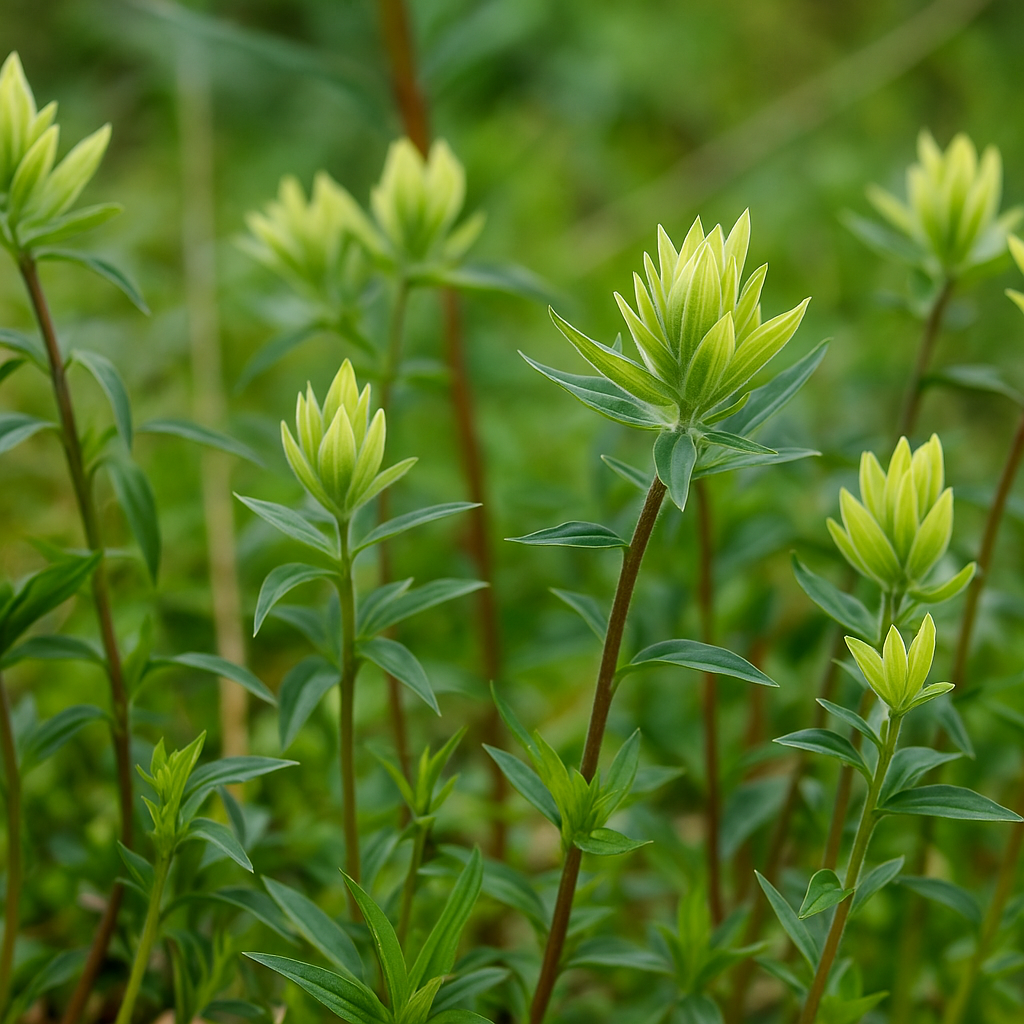 Close-up of green plants with pointed leaves and buds in a garden setting.