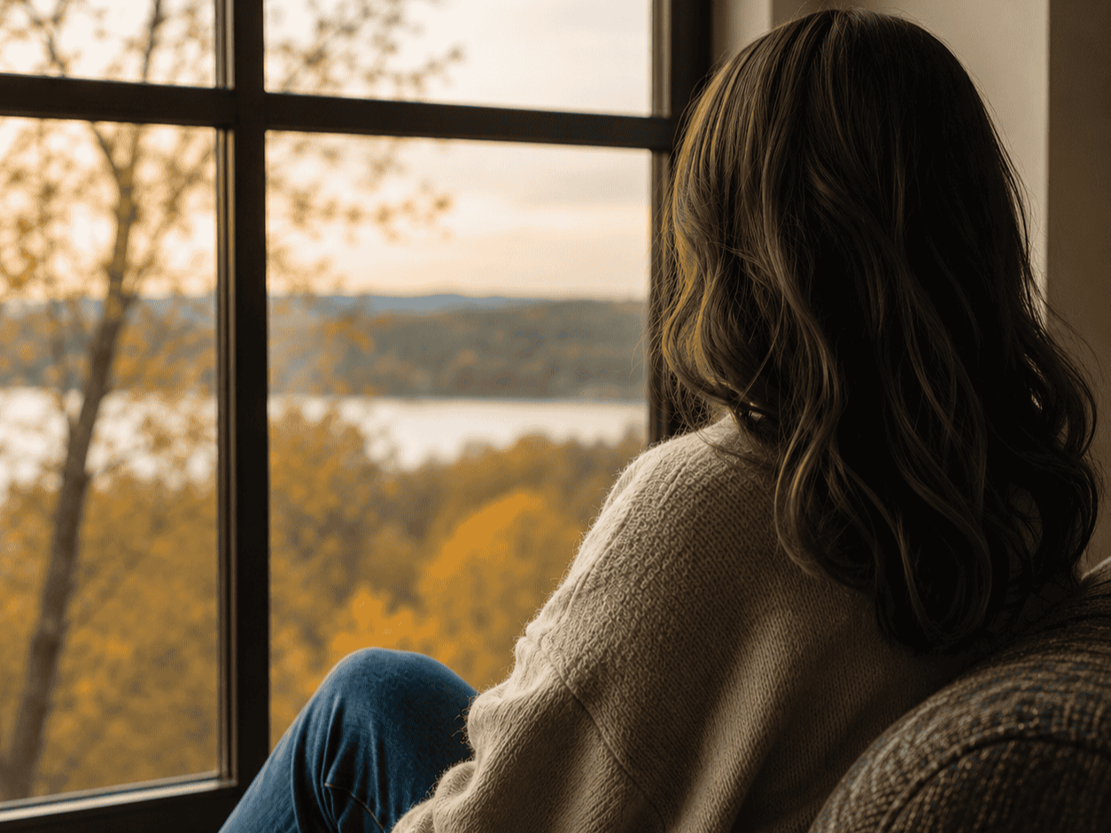 A person sitting by a window in a Los Angeles therapy office, gazing out at autumn trees, reflecting during an individual therapy session — supporting anxiety treatment, stress relief, and emotional wellness in Los Angeles, CA.