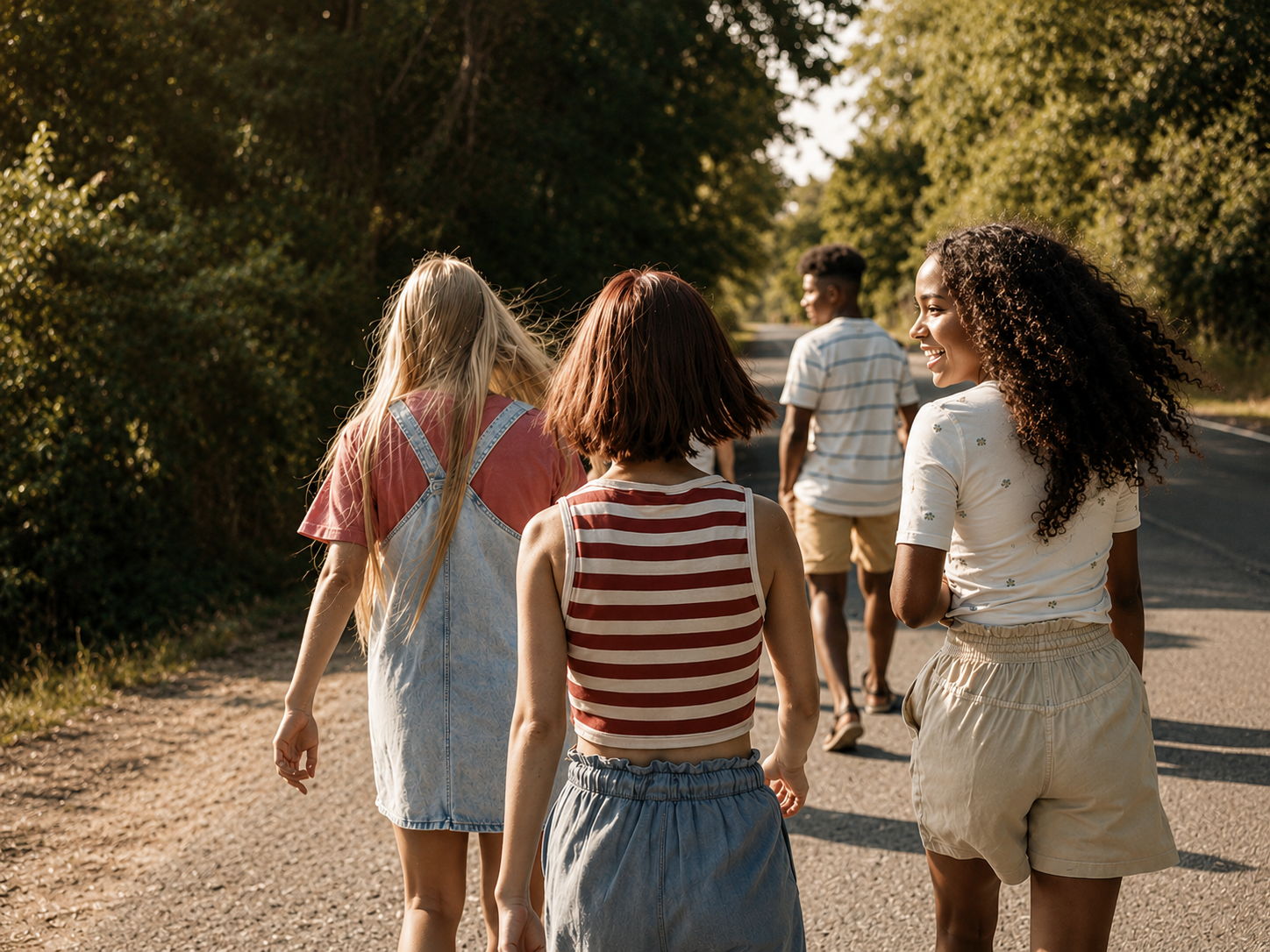 A diverse group of teenagers walking together down a tree-lined path in warm golden sunlight, seen mostly from behind, smiling and relaxed — representing connection, friendship, and teen therapy support in Los Angeles, CA. 