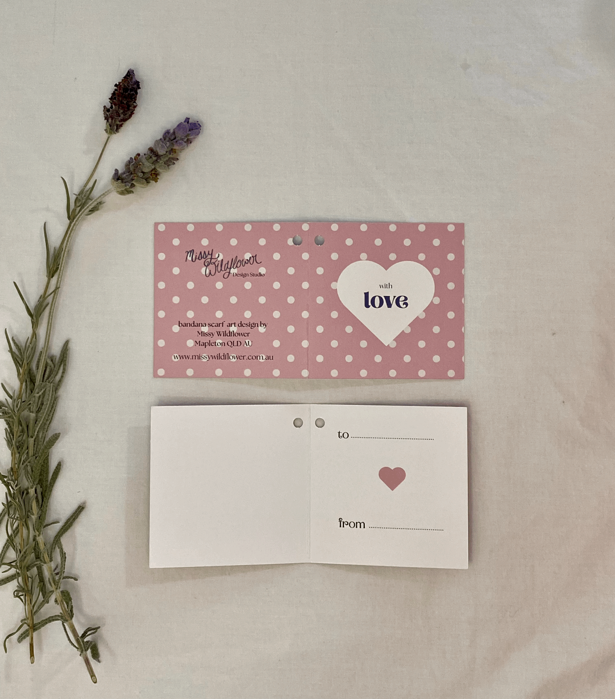 sweet gift tag with ribbon to go with our pink and white polkadot with pastel flowers bandana scarf