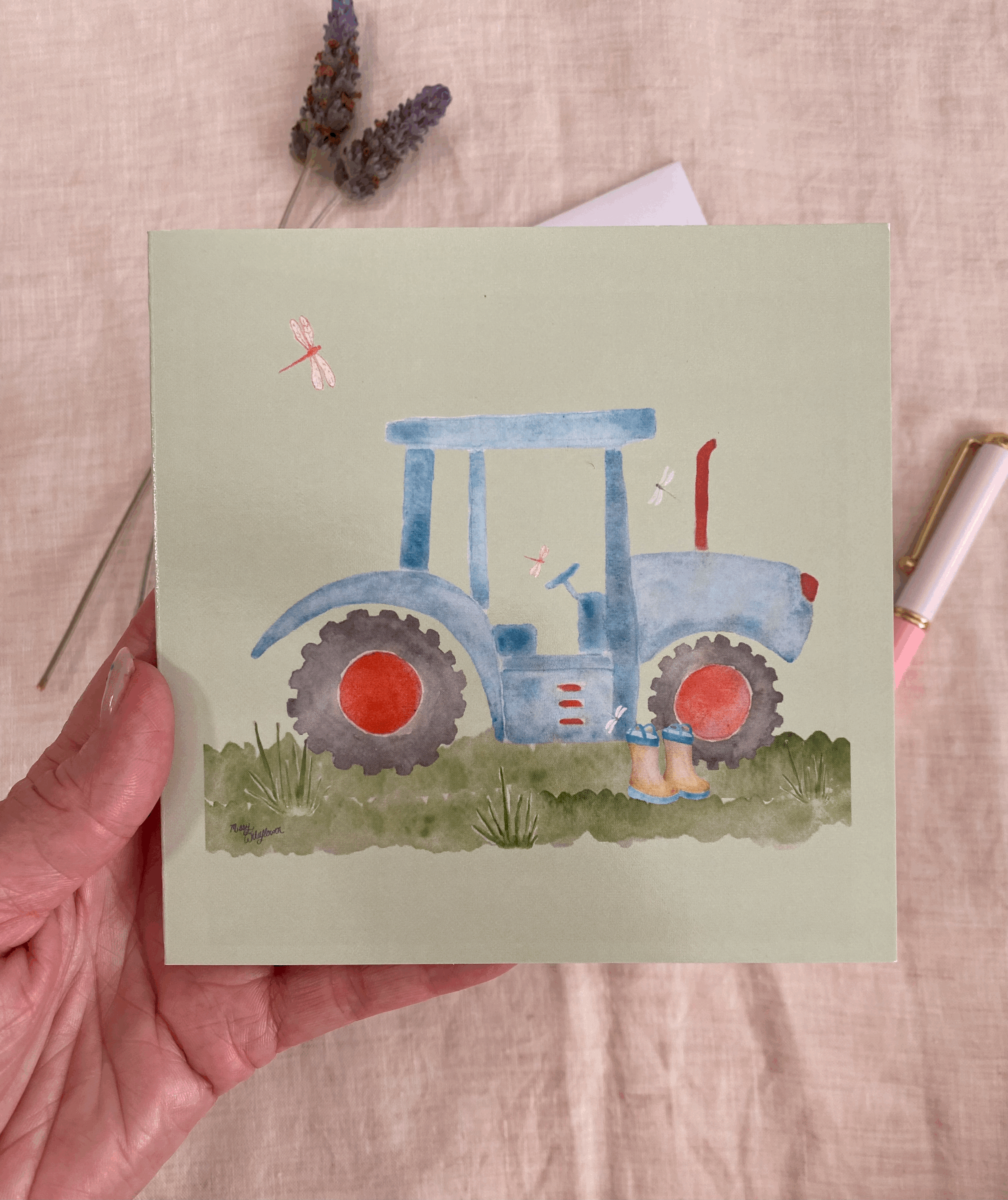Hand painted watercolour tractor greeting card with whimsical farm illustration with gumboots, grass and dragonflies, perfect for boys and country lovers