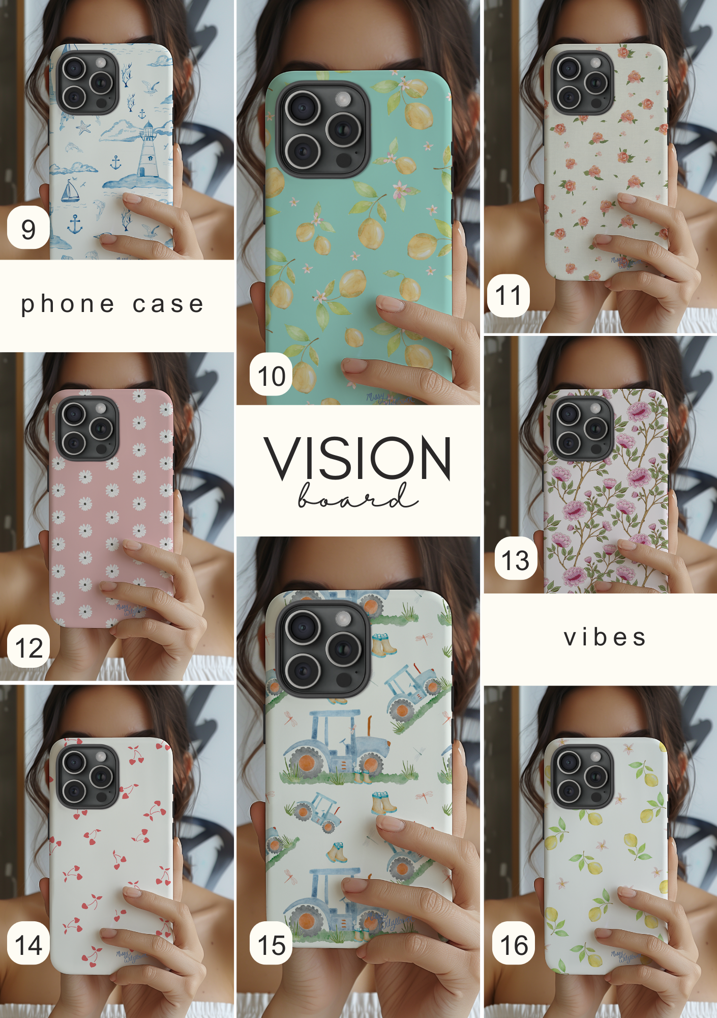 Look book phone cases from Missy Wildflower designs of farmlife tractors, trailing flowers in pink, lemon prints, cherries, lighthouse nautical scene for phones