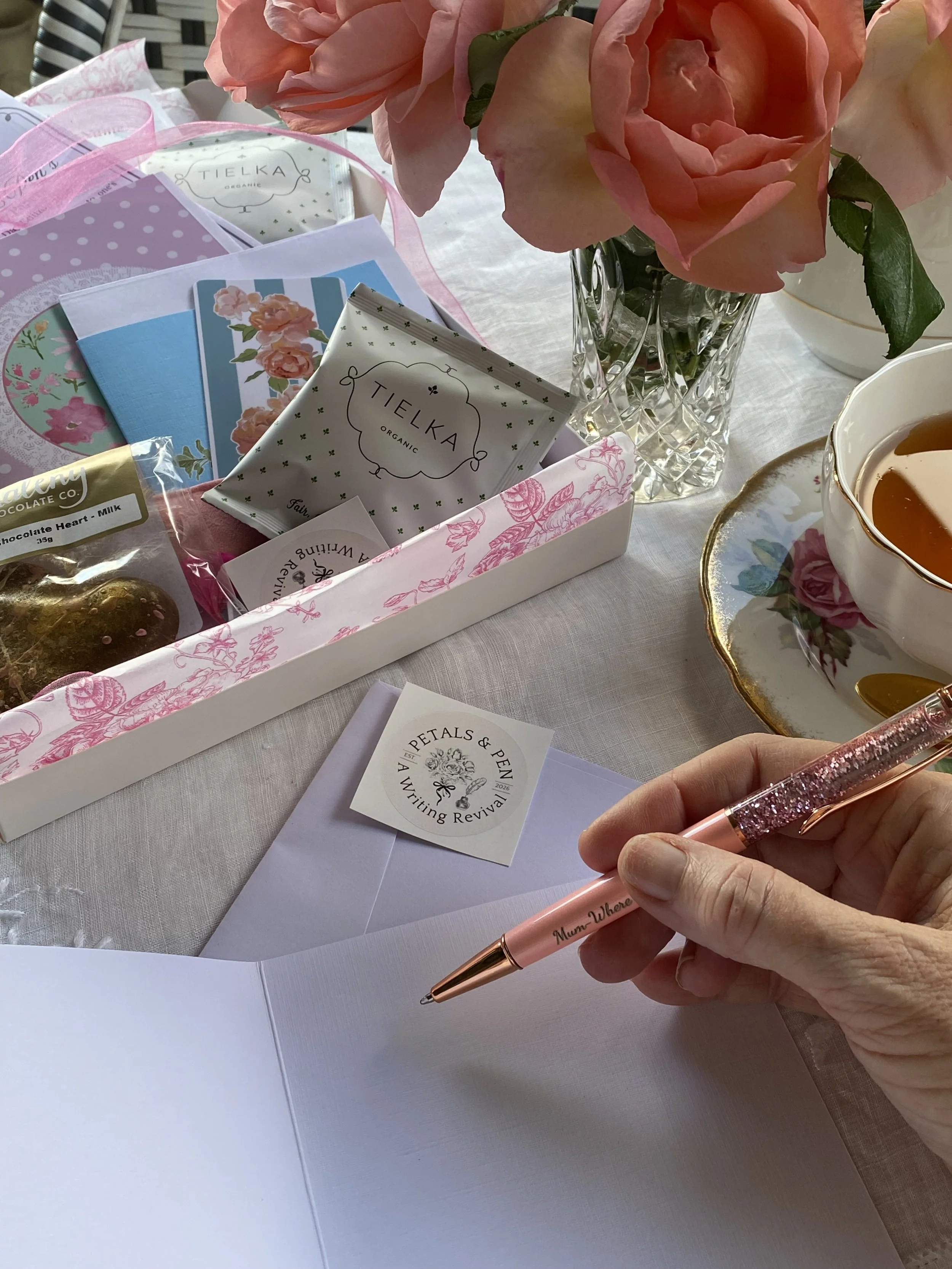 Petals & PenMothers day gift box with Missy Wildflower greeting cards, Tielka tea and Maleny Chocolate Co heart solid chocolate