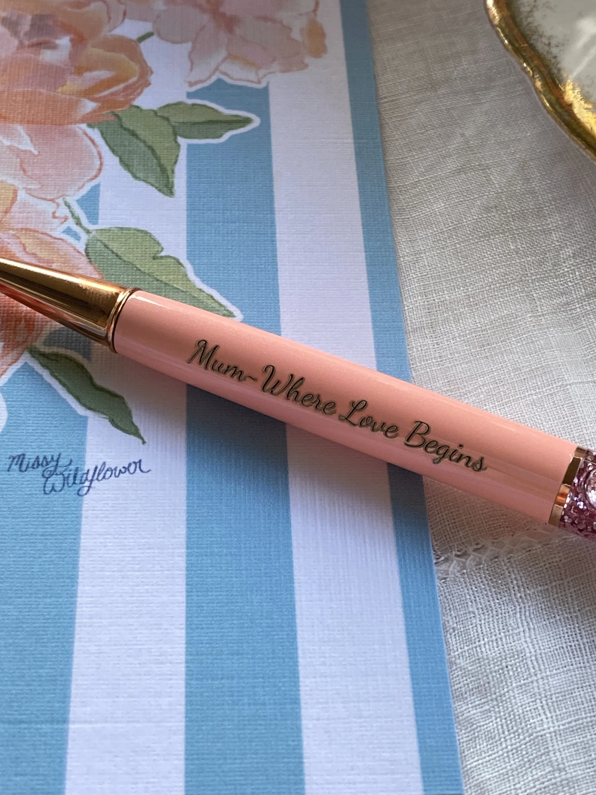 Petals & Pen Mothers day gift box bespoke engraved pen "Mum - where love begins"