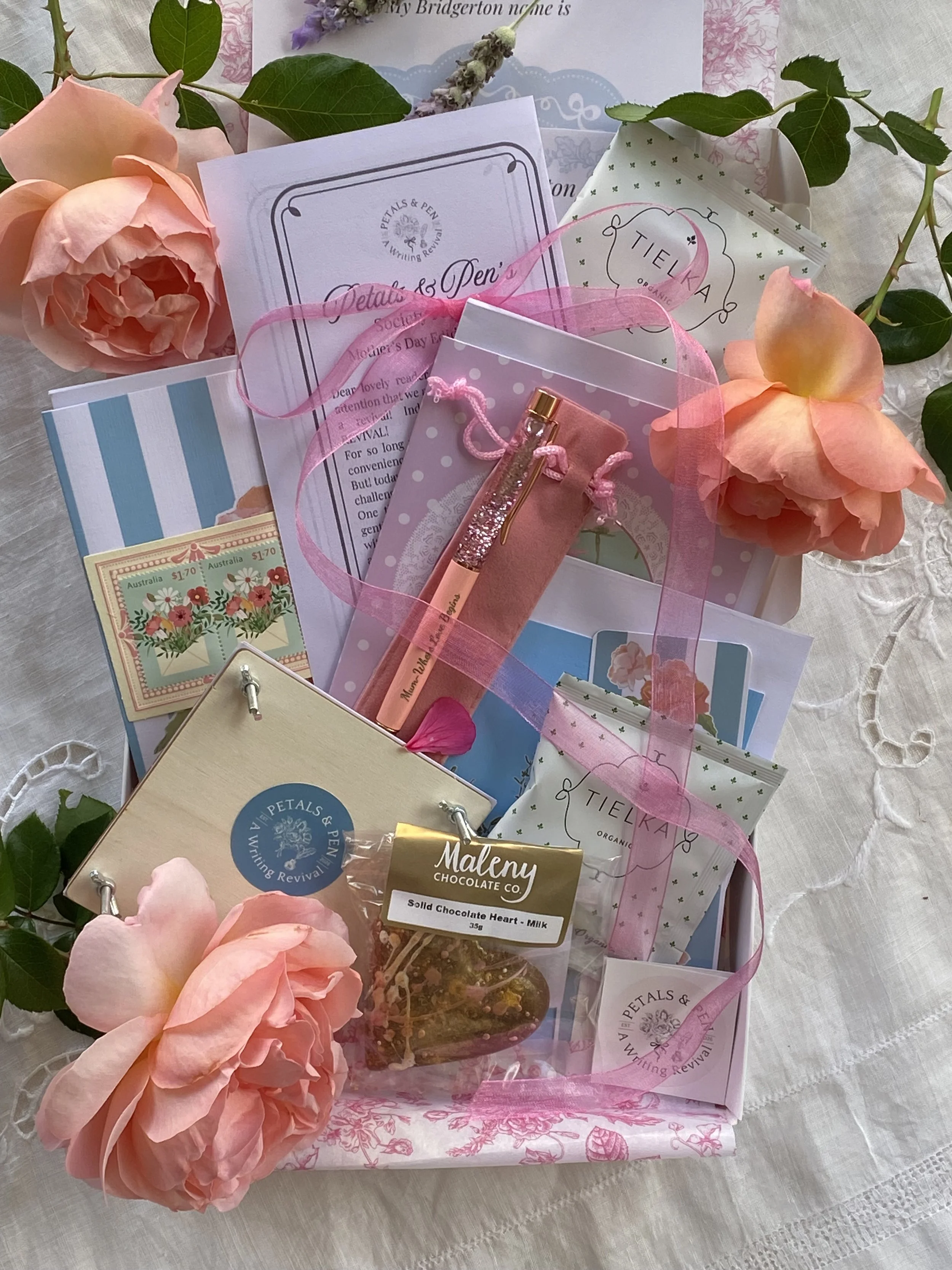 Mothers day gift box with Missy Wildflower greeting cards, Tielka tea and Maleny Chocolate Co heart solid chocolate