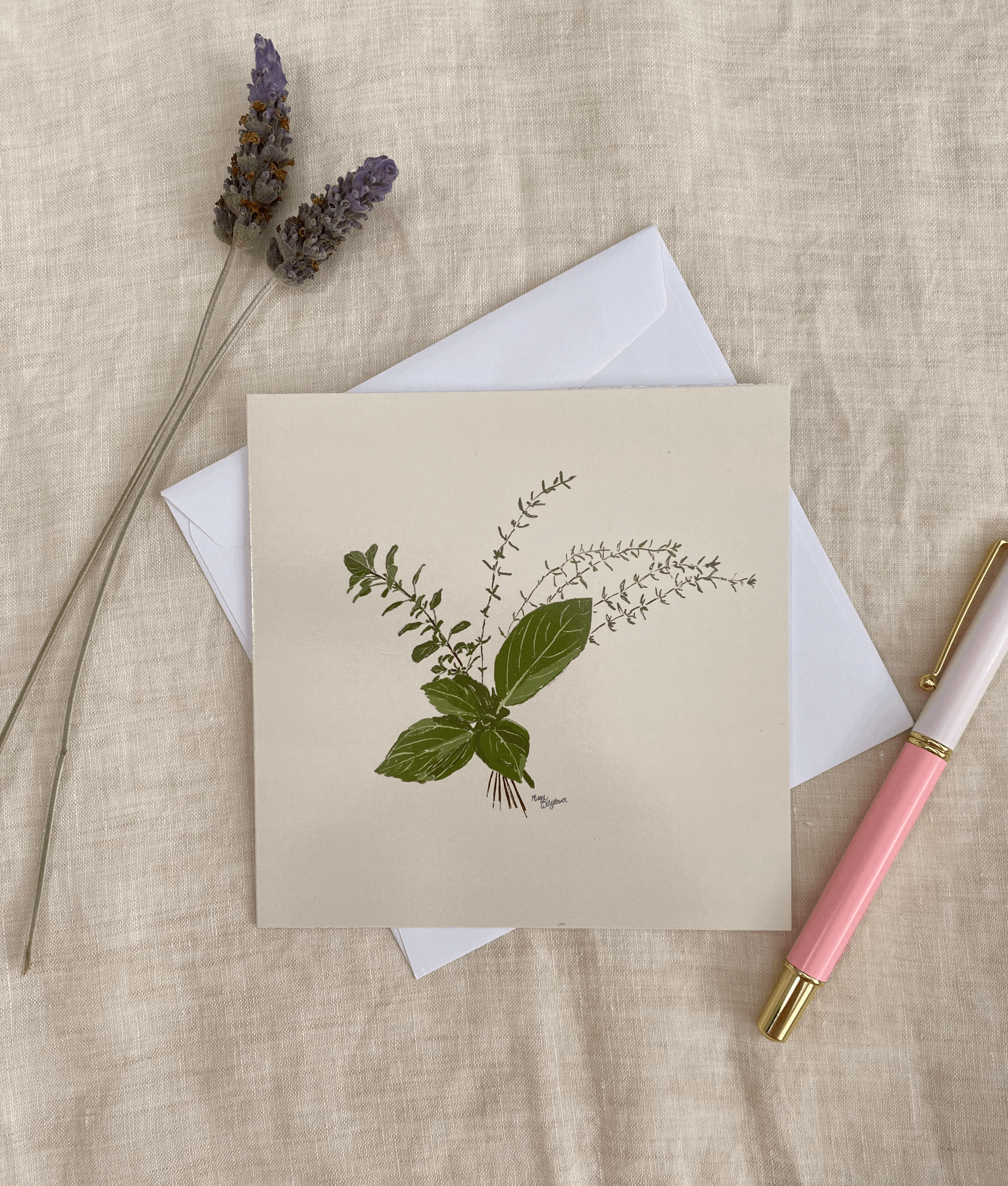 Herb Posy greeting card ~Hand Drawn Herb Illustration of basil, oregano and thyme for Food Lovers