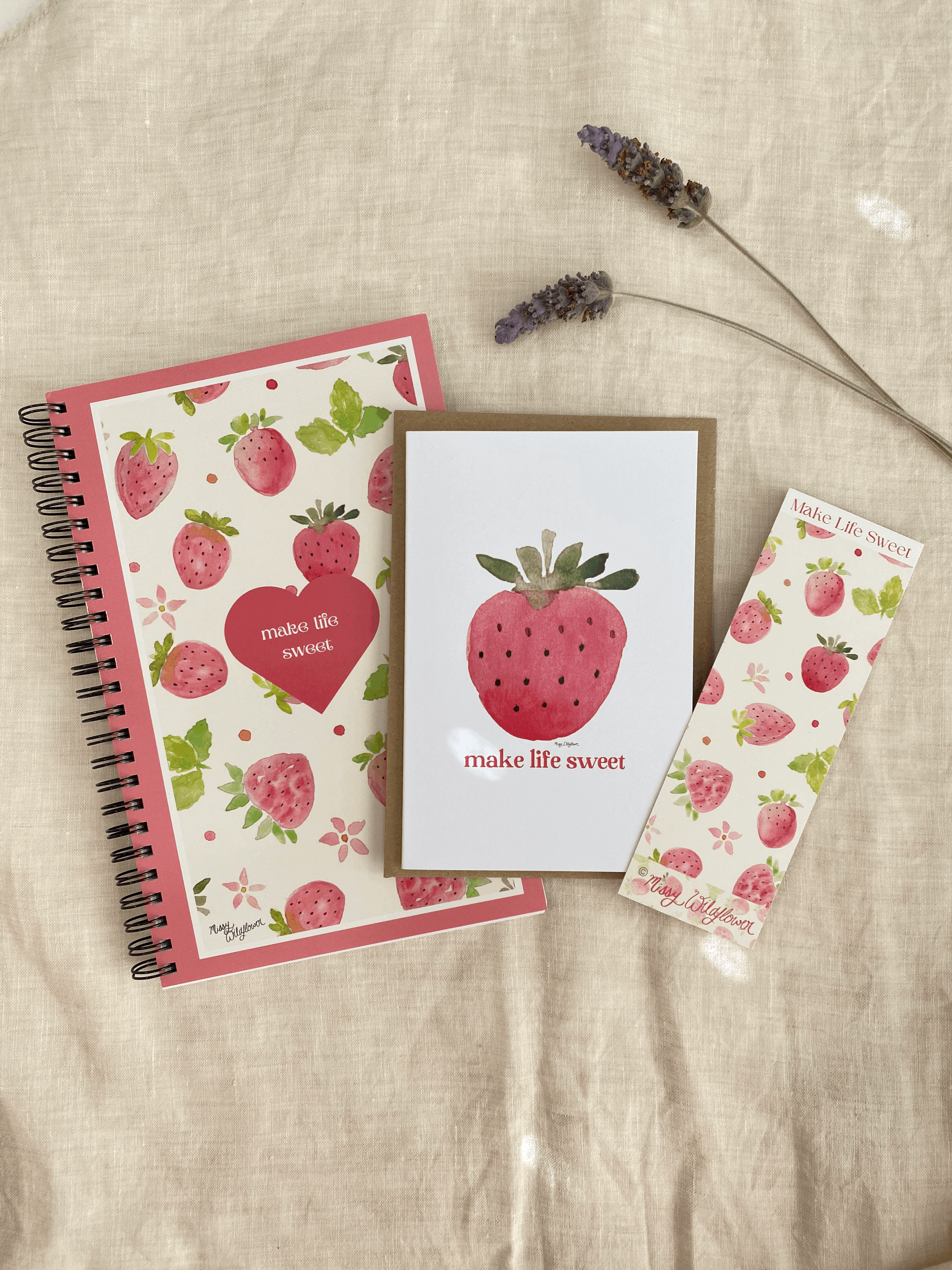 hand painted watercolour red and pink strawberries with Make life Sweet logo, journal, greeting card and bookmark
