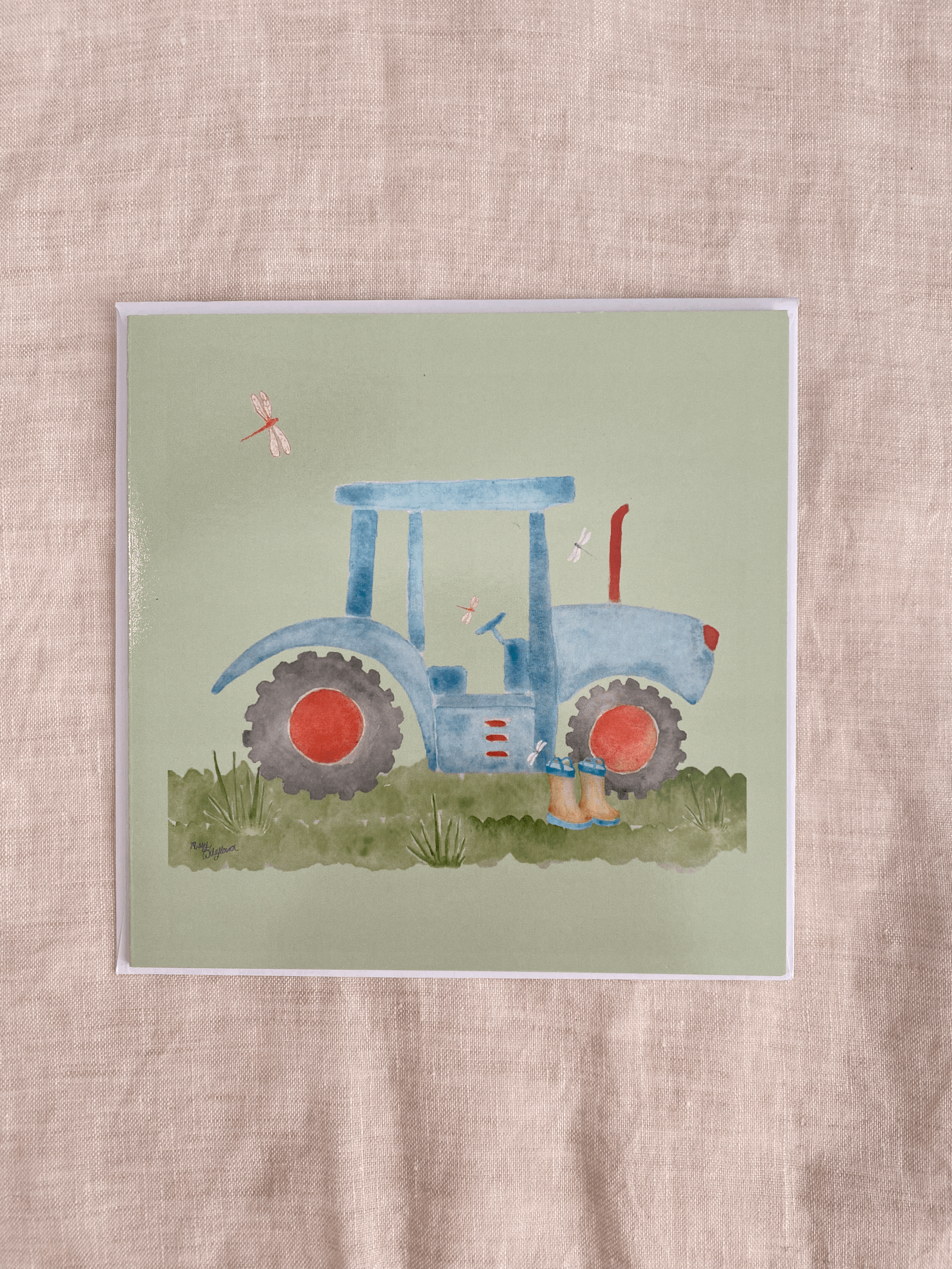 Hand painted watercolour tractor greeting card with whimsical farm illustration with gumboots grass and dragon flies, perfect for boys and country lovers