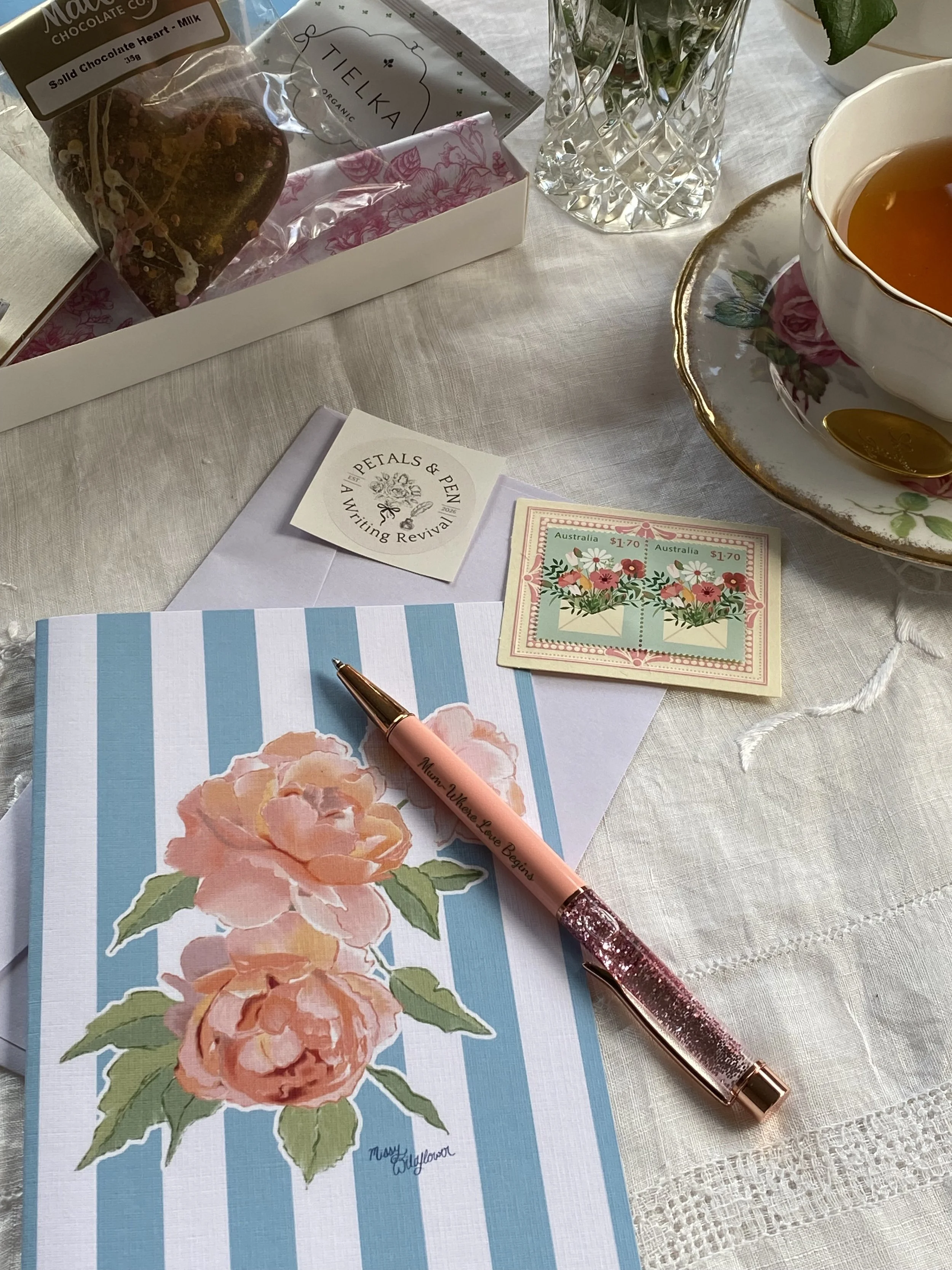 Petals & Pen mothers day gift box with Missy Wildflower greeting cards and postage stamps