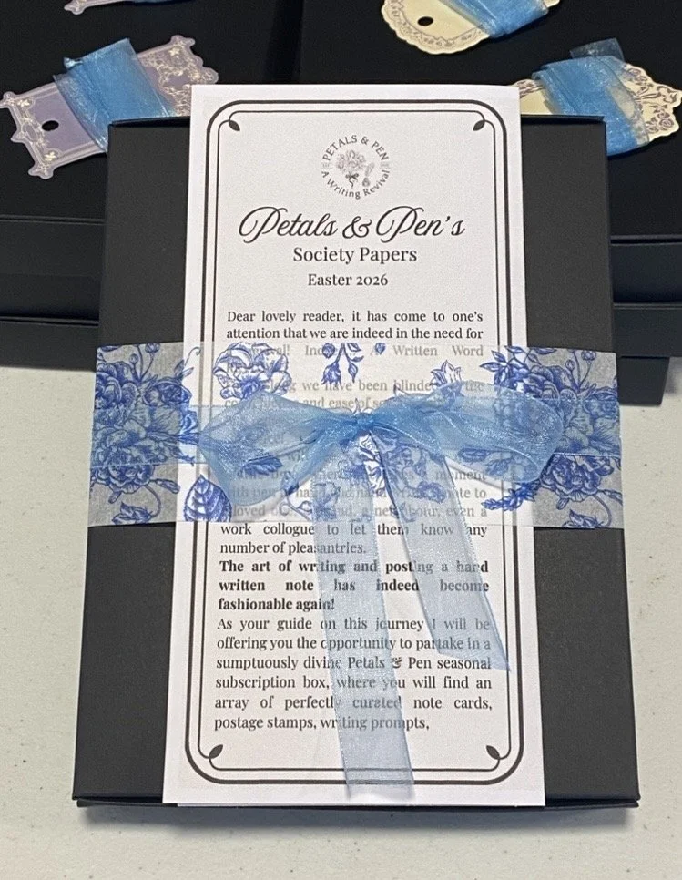 Our Petals & Pen box all ready to be shipped to your door! Including our Petals & Pen society pages filled with writing prompts, recipe and word of encouragement just for you!