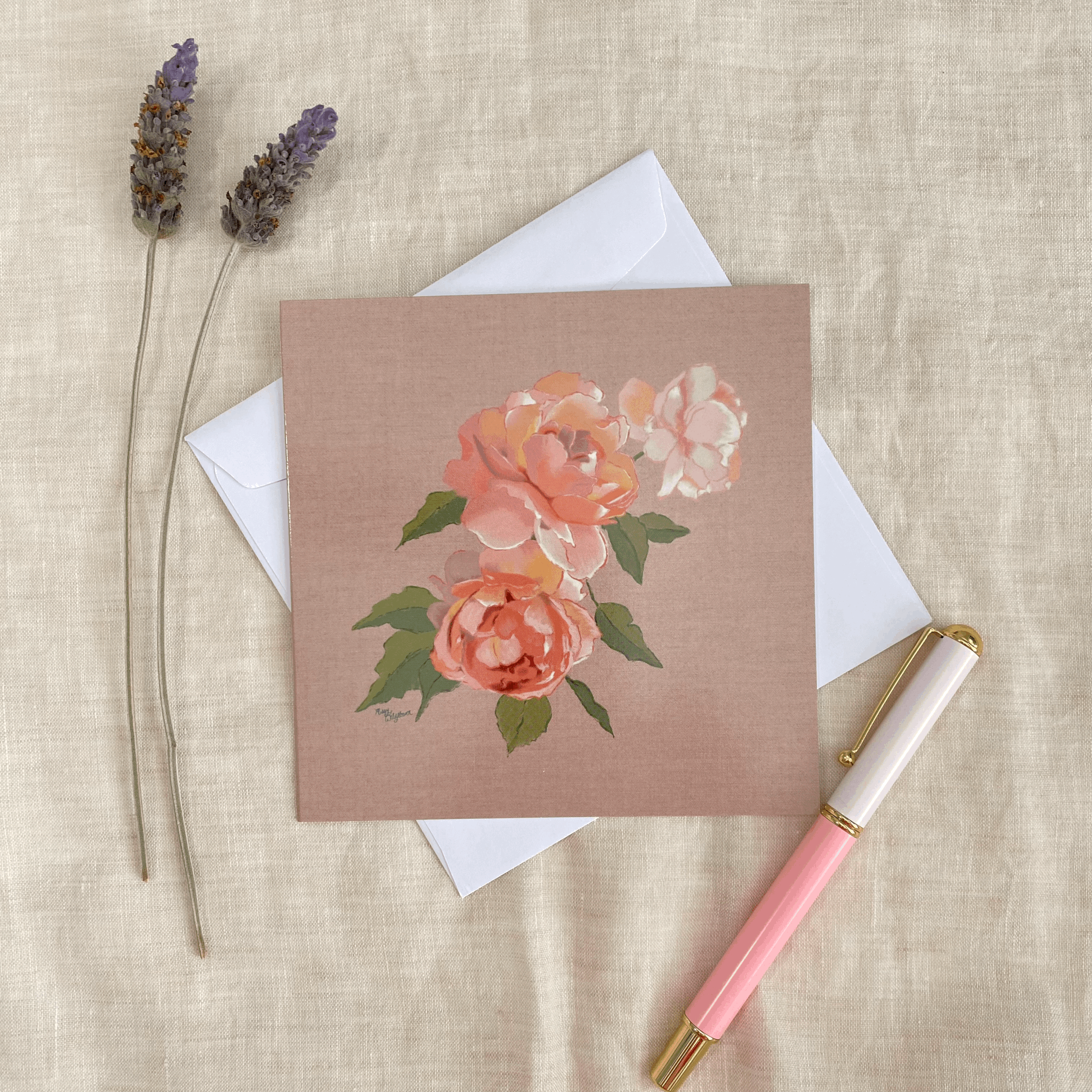 Rose` Peach Roses Greeting Card - Blank 14 x 14 cm Sqaure