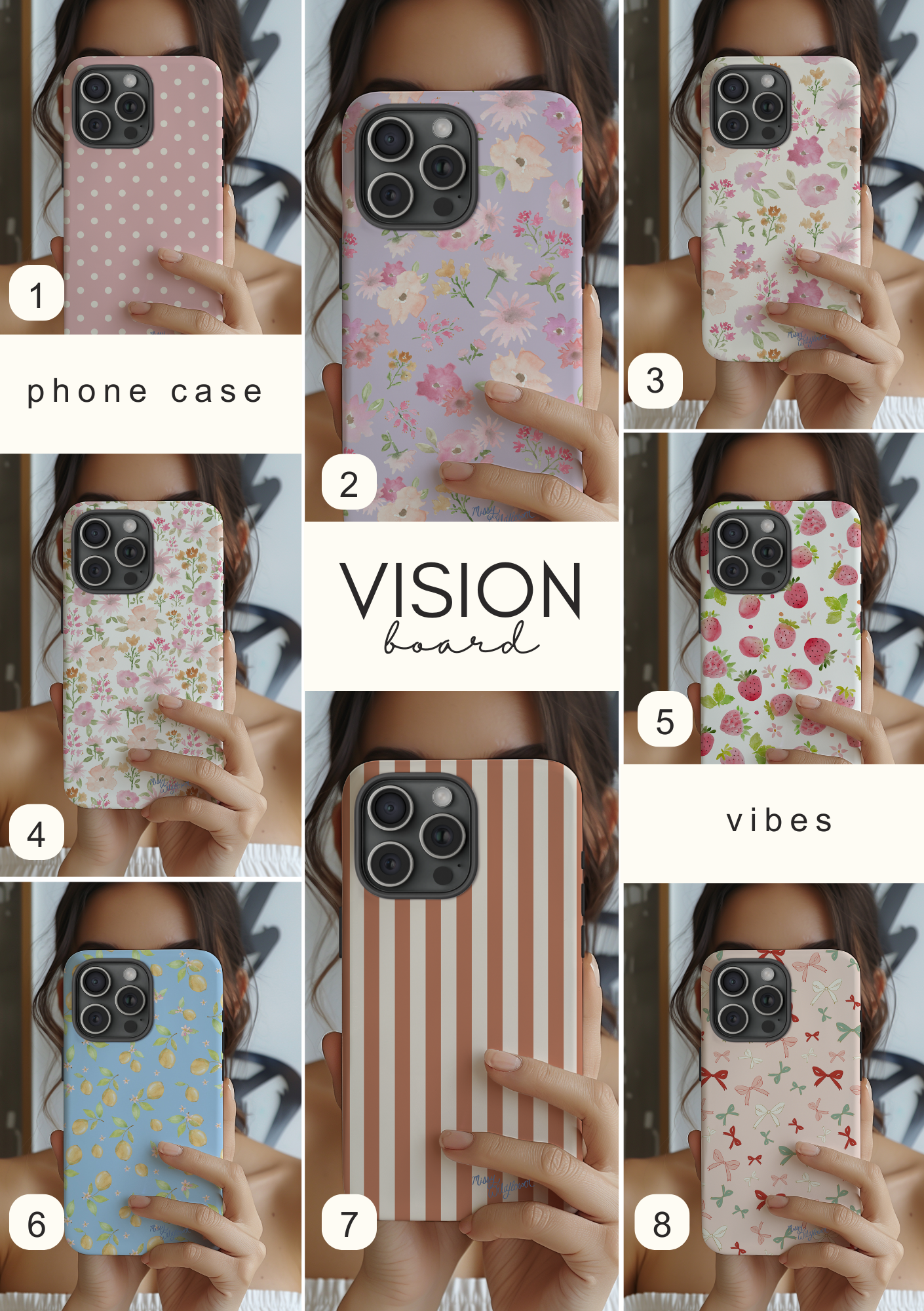 Look book phone cases Missy Wildflower lemons, bows, floral, stripe, polkadot and strawberry designs for phones