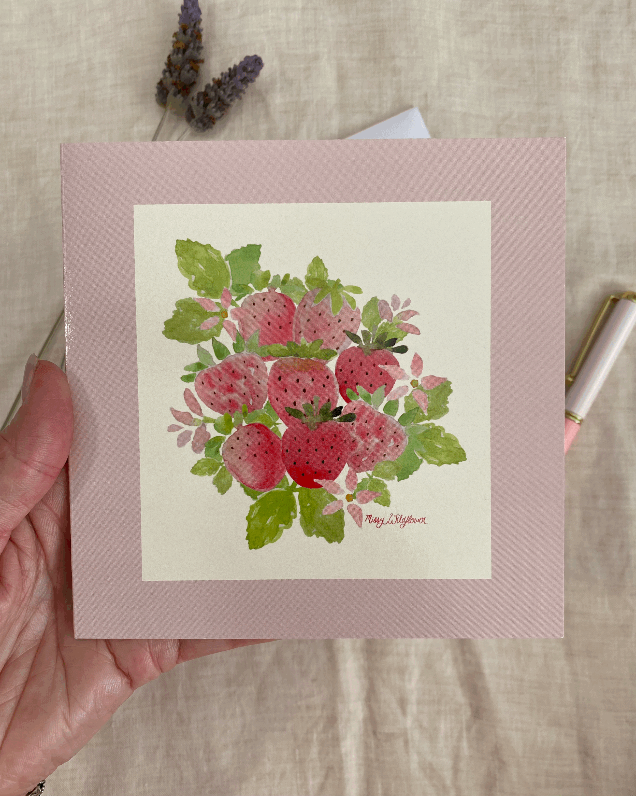 Hand painted watercolour strawberry greeting card for girls and women. Perfect for birthdays, baby girl gifts and thinking of you notes.