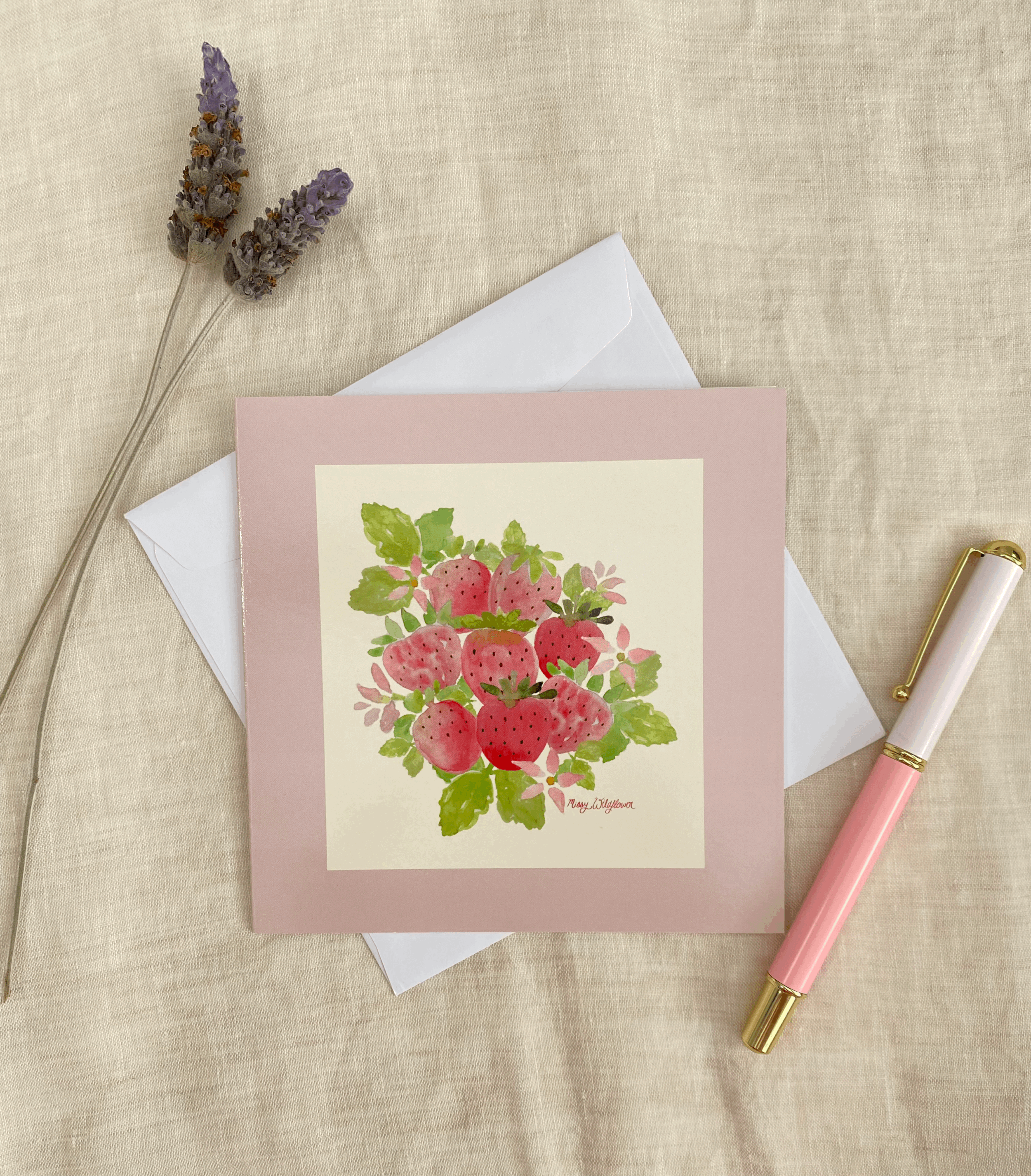Hand painted watercolour strawberry greeting card for girls and women. Perfect for birthdays, baby girl gifts and thinking of you notes.