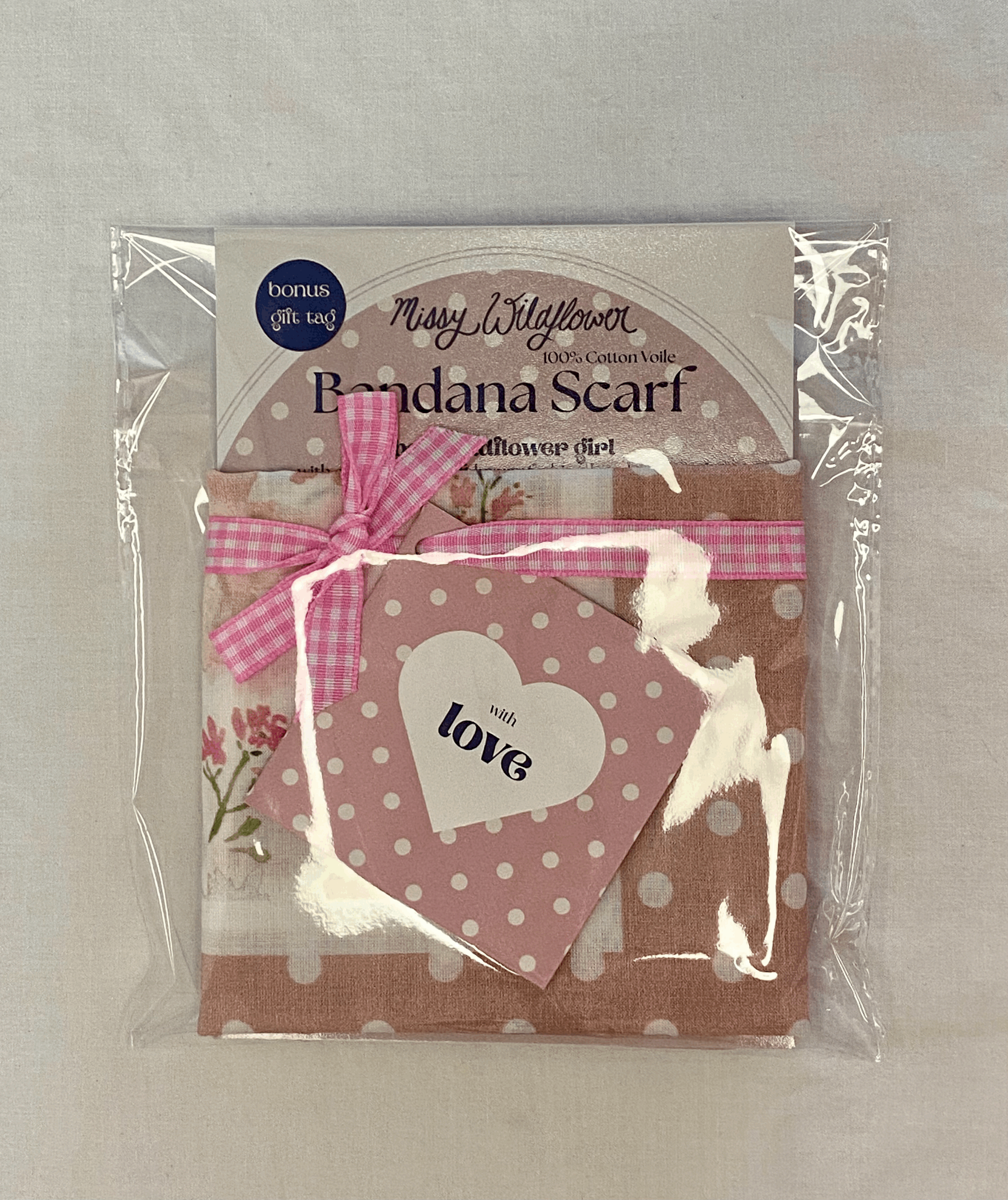 100% cotton bandana scarf packaged with a pretty gift tag and ribbon perfect for gift giving