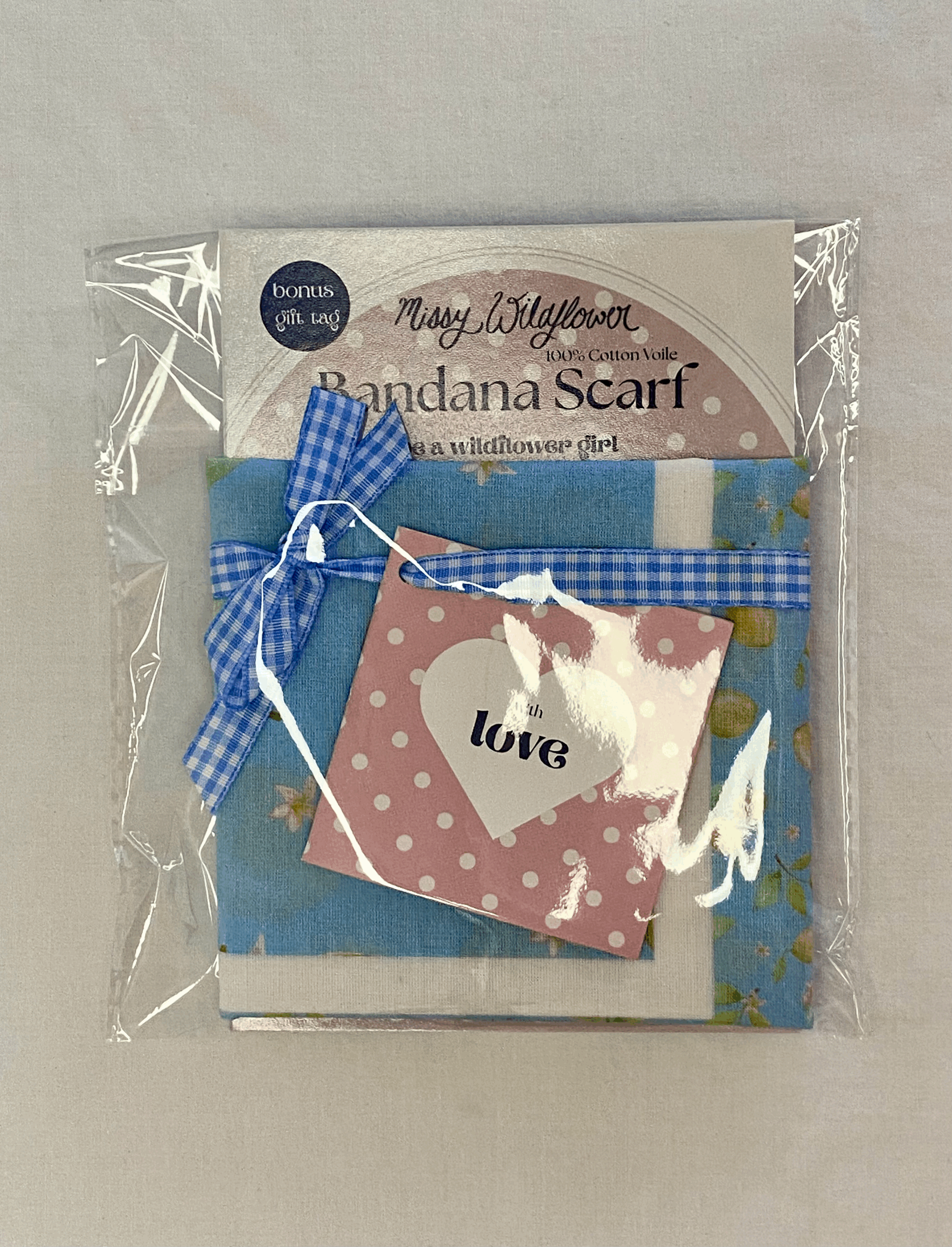 Pretty packaging is the way we love to send out our Portofino Azure Blue lemons print bandana scarves with its own gift tag and matching ribbon