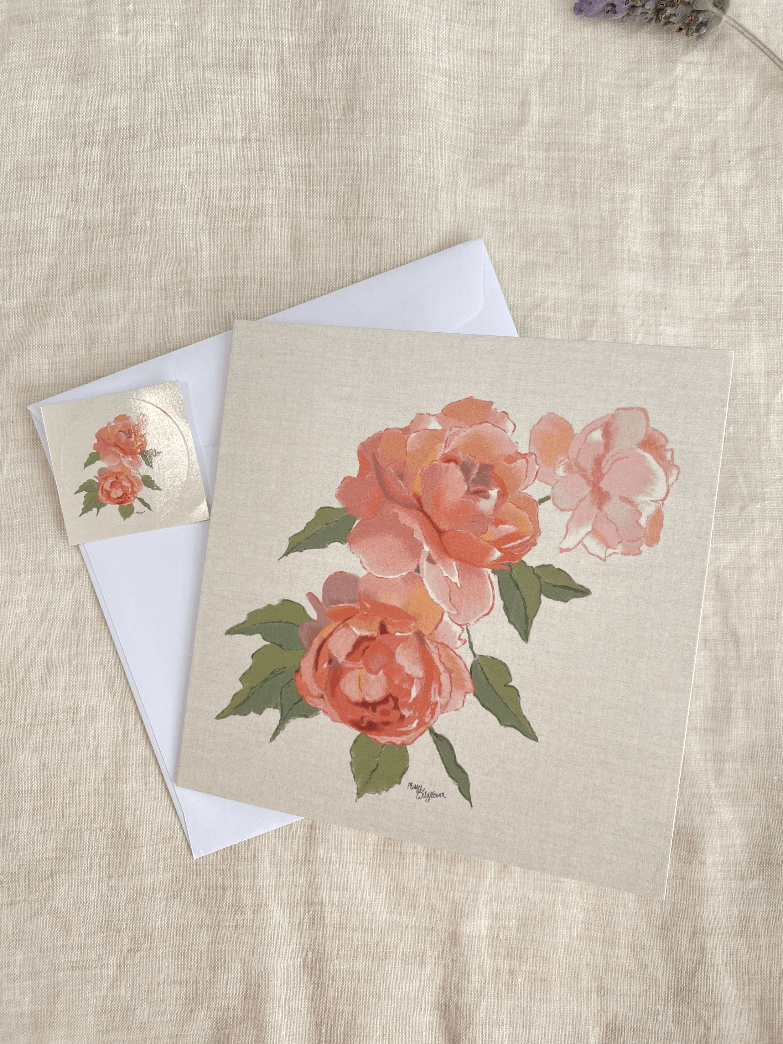 Peach Roses on Linen Textured Greeting Card - Blank 14 x 14 cm Sqaure including Matching Envelope Seal