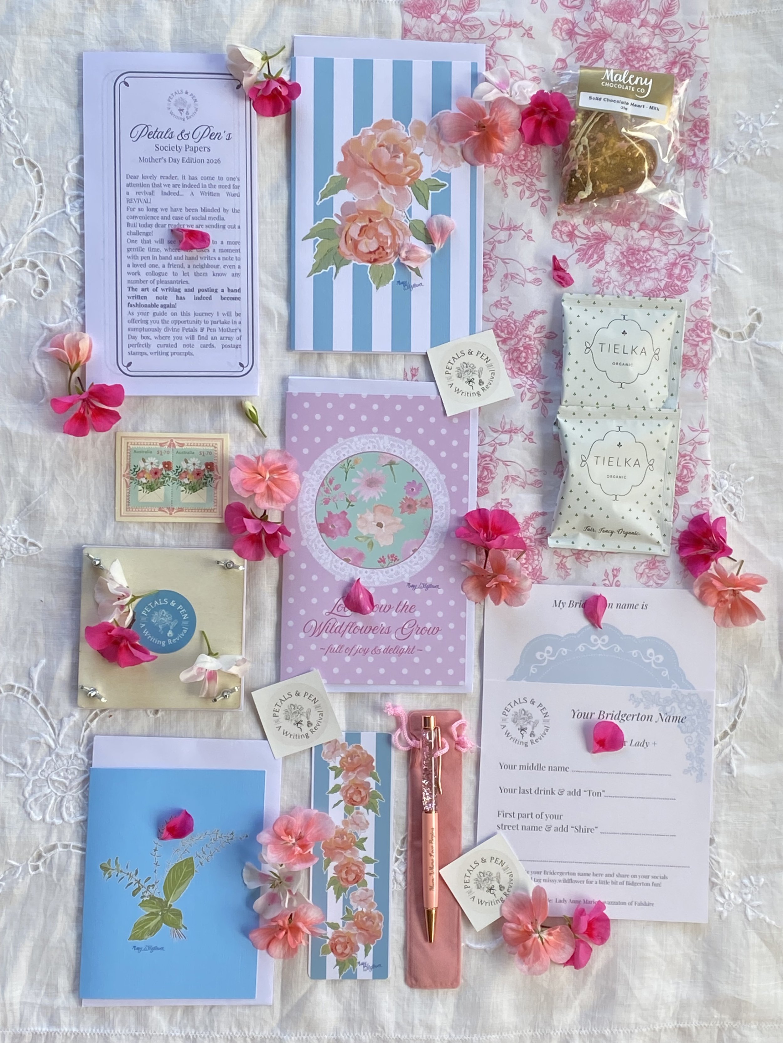 Mothers day gift box with Missy Wildflower greeting cards, Tielka tea and Maleny Chocolate Co heart solid chocolate flat lay Petals & Pen gift box