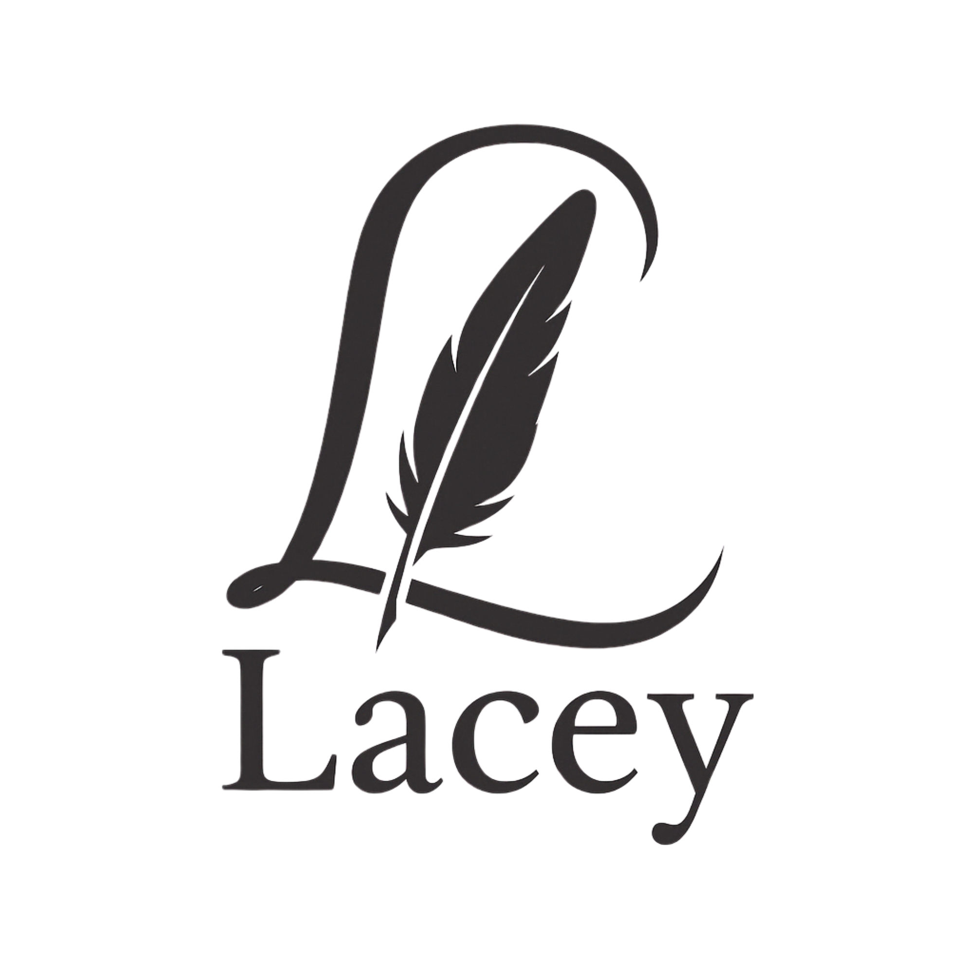 A logo with a stylized black quill pen and a feather, and the word "Lacey" written below in black letters.