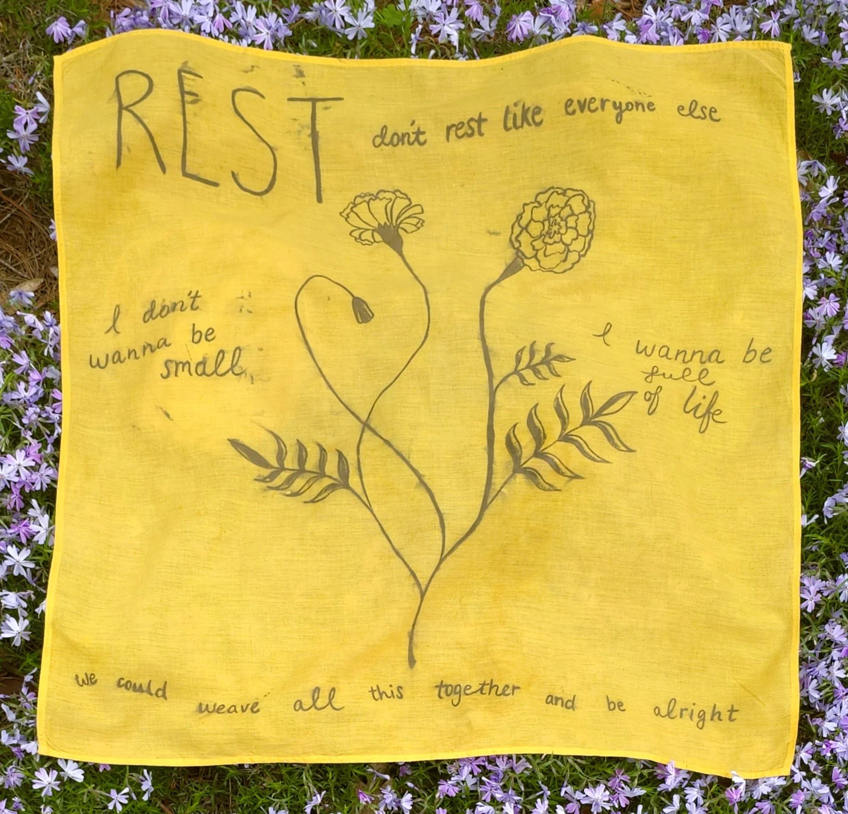 "Disabled Melody" 
Naturally dyed organic cotton using marigolds grown at John C. Campbell Folk School handpainted with ferrous sulfate thickened mordant paste. 23x23”. 2024