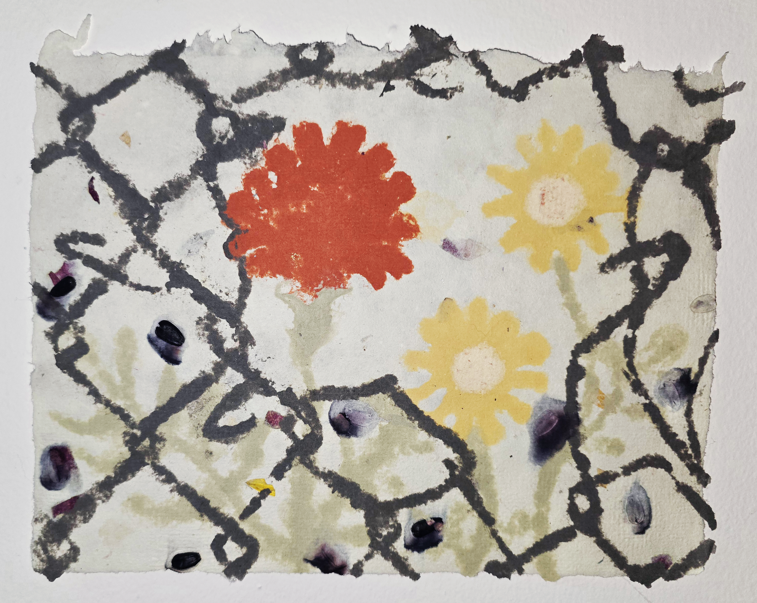 "Cempazuchitl and Manzanilla through Broken Chains"
Hand made pulp painting paper with ercolana red, yellow ochre, ancient green, and charcoal natural mineral earth pigments on abaca backing paper with foraged rose petals & rudbeckia petals, black Ho