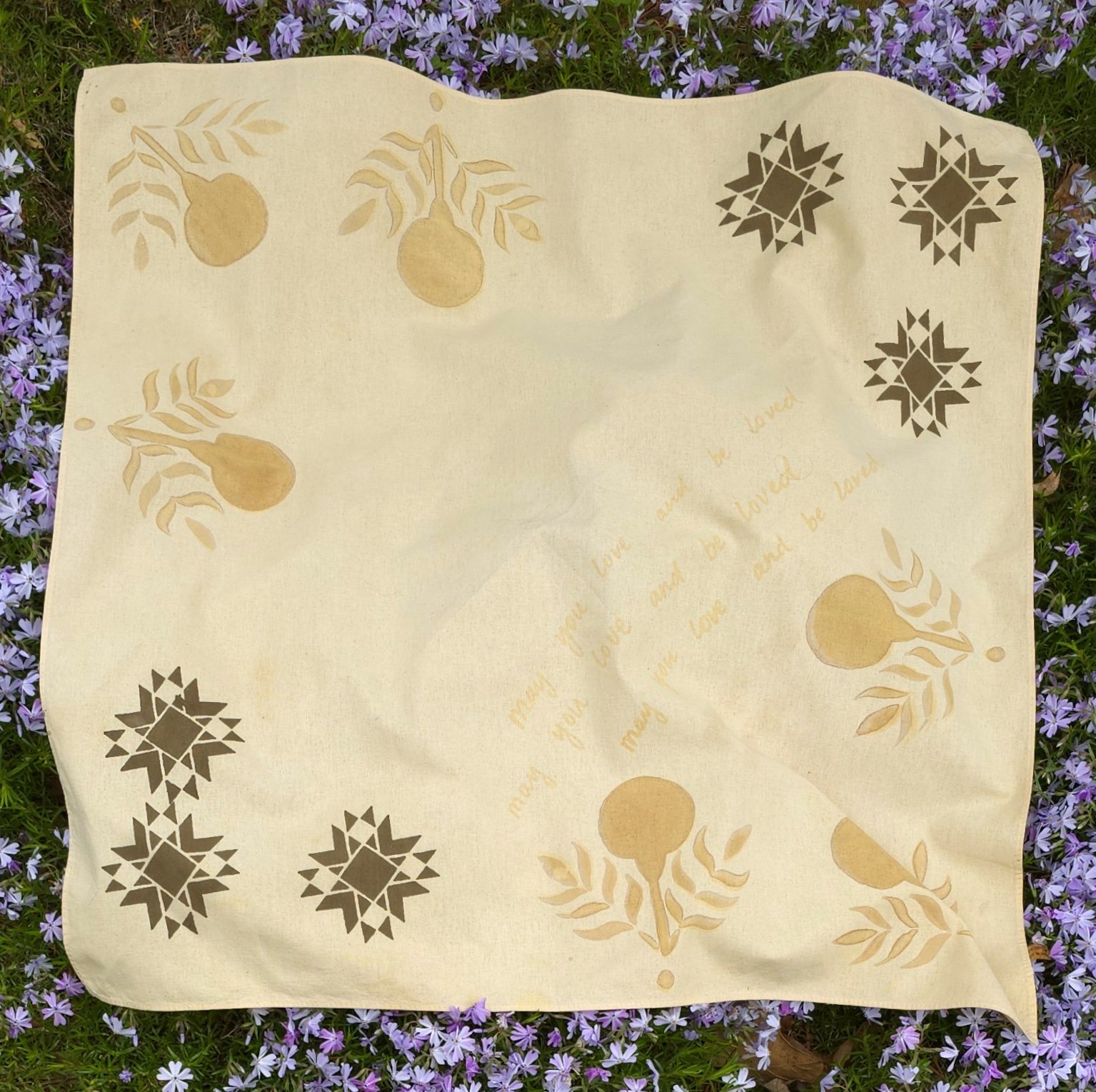 "May You Be Loved"
Exploration of material. Naturally dyed cotton using Osage Orange screen printed with ferrous sulfate thickened mordant paste and hand-painted aluminum acetate thickened mordant paste. 25x25”. 2024