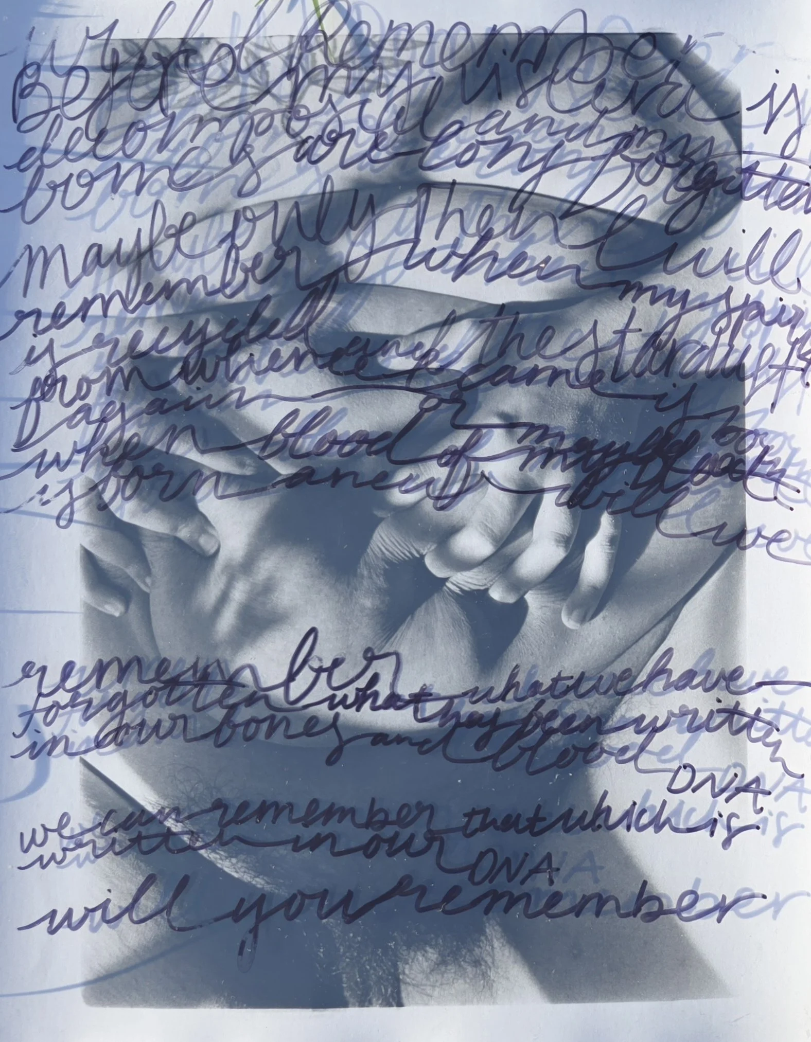 "In Memory of this Vessel"
35 mm bw film self portrait print with text on transparent film overlay.