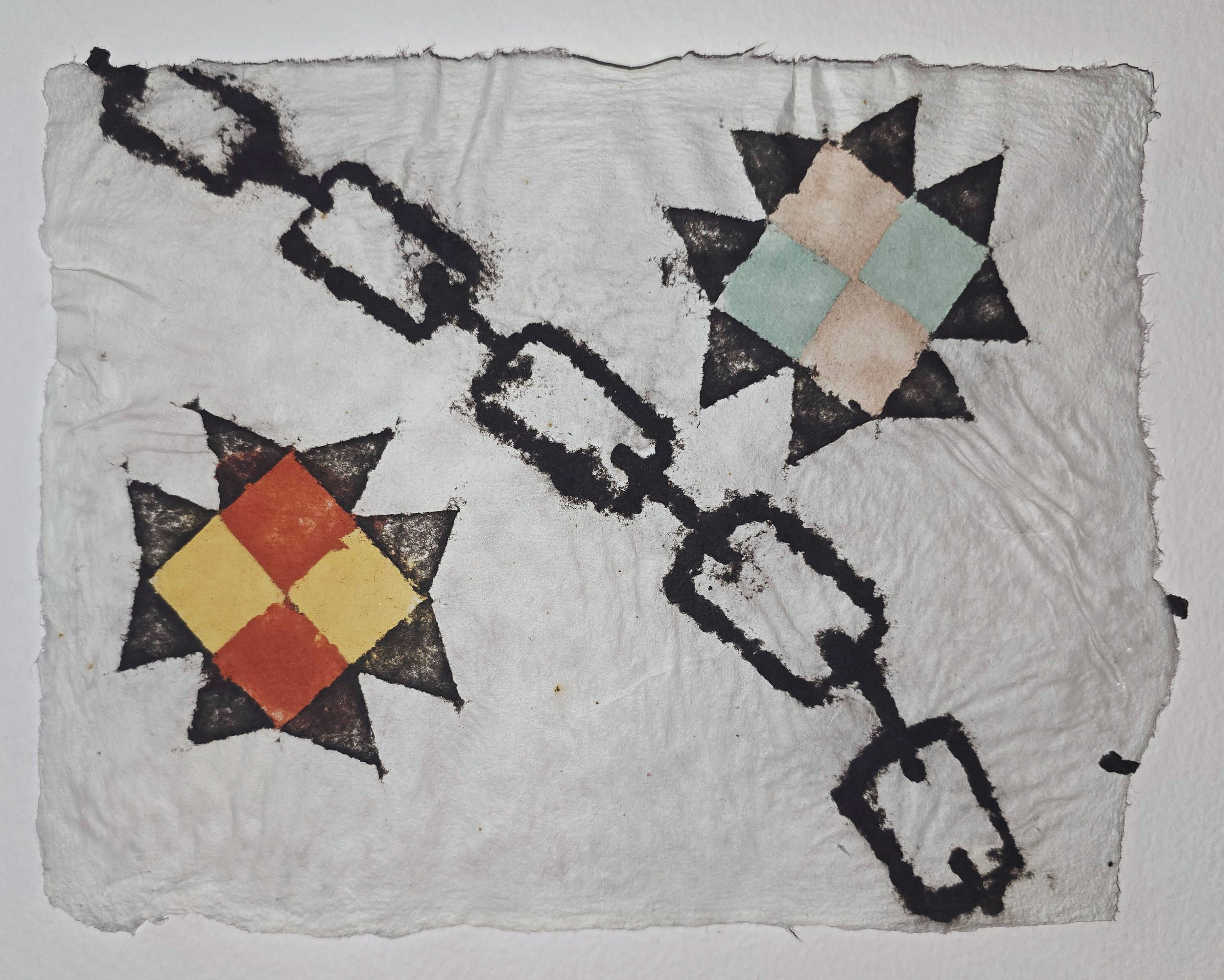Hand made pulp painting paper with yellow ochre, ercolana red, cypress blue, and charcoal natural mineral earth pigments on abaca backing paper.