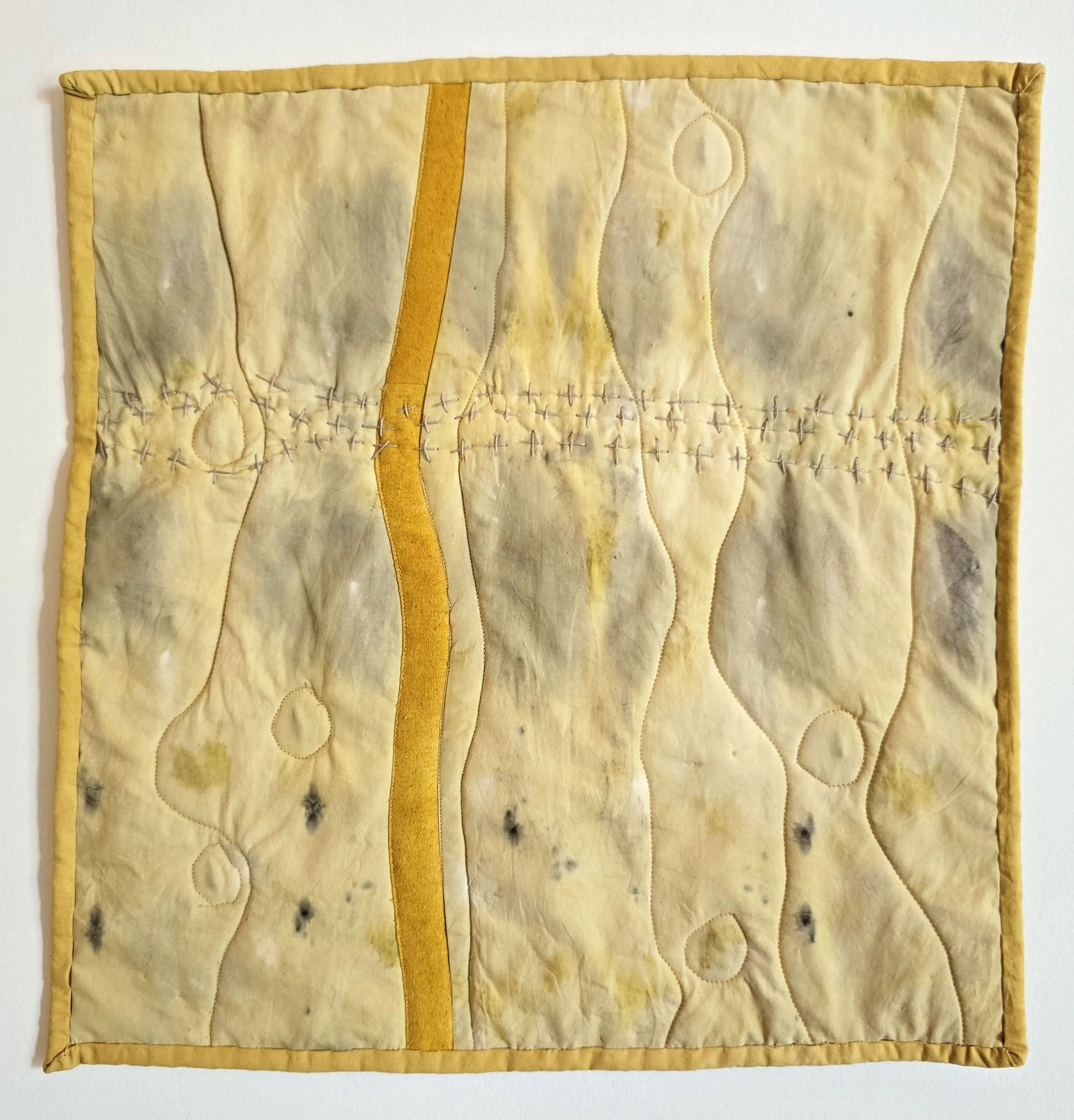 "Chinga La Migra" (front)
cotton naturally dyed with horseweed, eco printed with found metal, cempazuchitl, tickseed, redbud, and grape leaves harvested and found in commune with Mother's Milk residency on the land that they inhabit, silk dyed with O