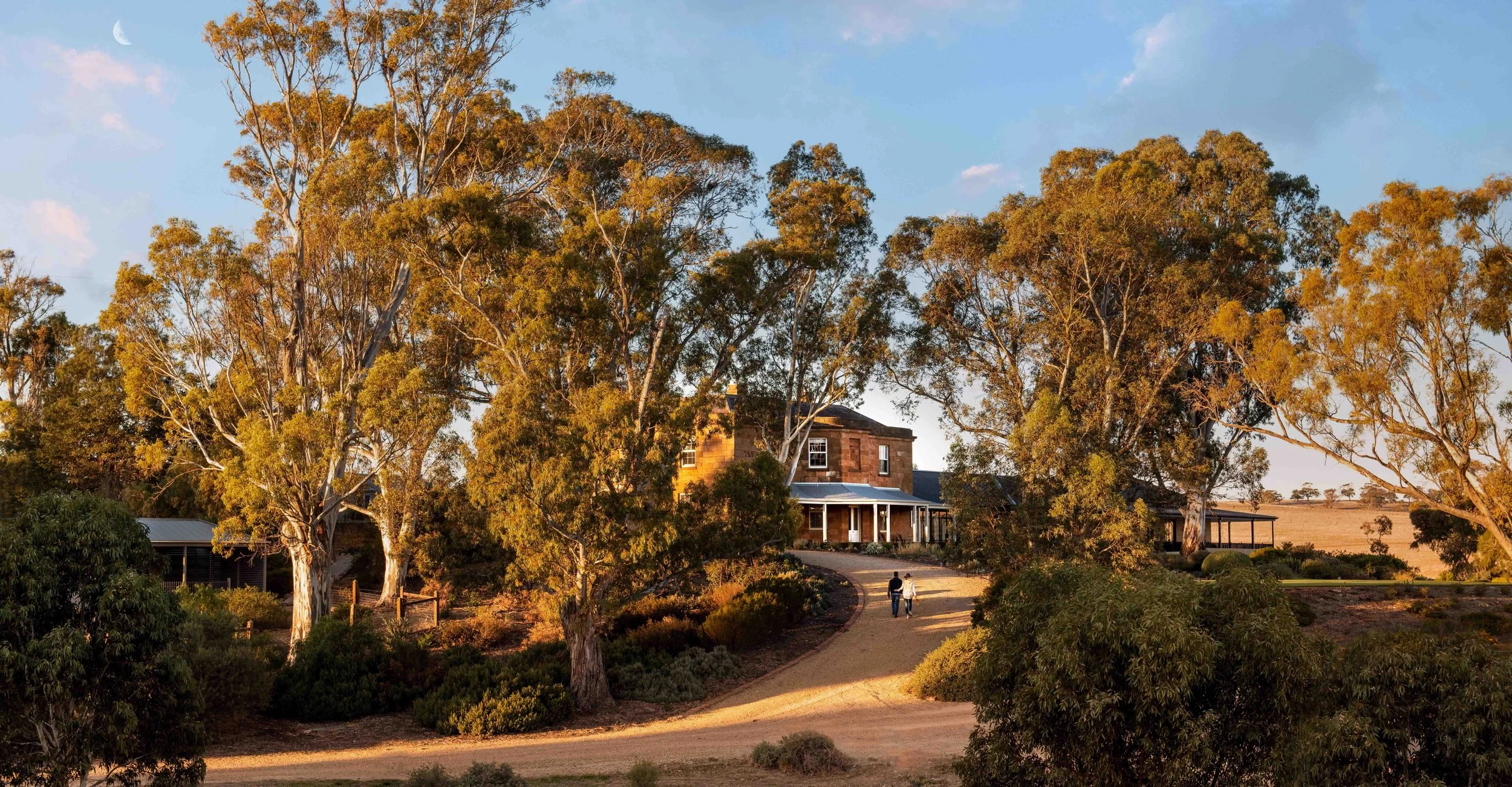 A house surrounded by tall trees with a winding driveway, with two people walking along the driveway during sunset.