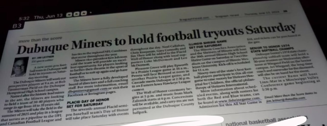 Dubuque Miners first time being in the local paper, Telegraph Herald, announcing the Miners first ever Try-Outs