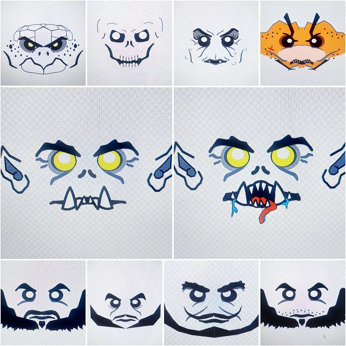 Desiging faces.
Template sheet: Villan set package 1.
Turtleman, skelleton, hag, crabman, ghouls, bandits

#lego #legofigures #customfigure #templatedesign #faces #decal