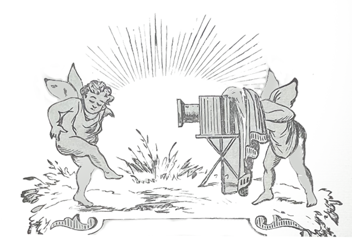 A line drawing depicting a scene with two children dressed as angels or fairies, one on the left and one on the right, interacting with nature. The children have wings and are surrounded by plants and a book on a stand.