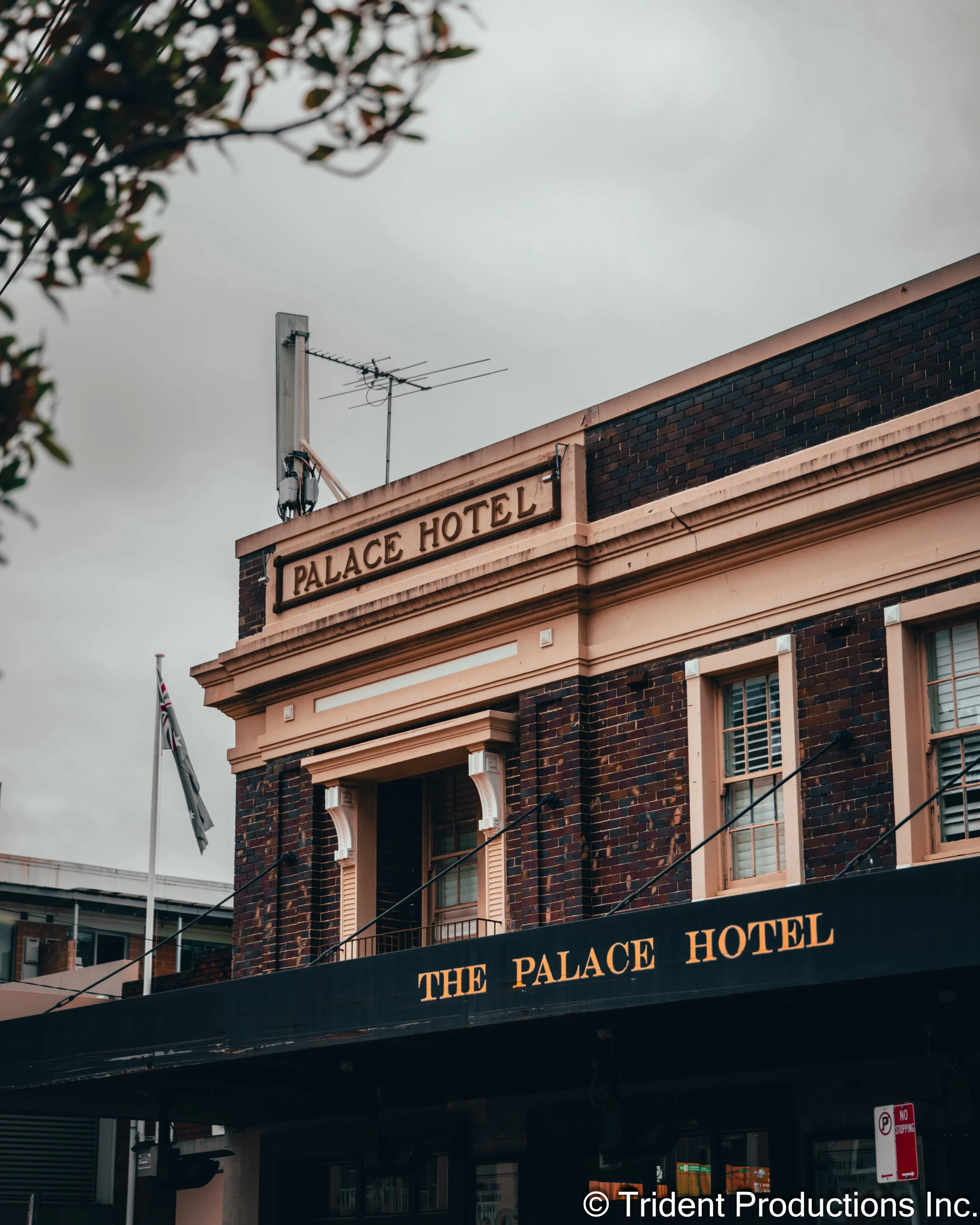 The exterior of a hotel named The Palace Hotel with a brick facade, beige trim, and a black awning that has the hotel’s name in beige lettering. There are windows with white trim and an American flag flying nearby. The sky is overcast.