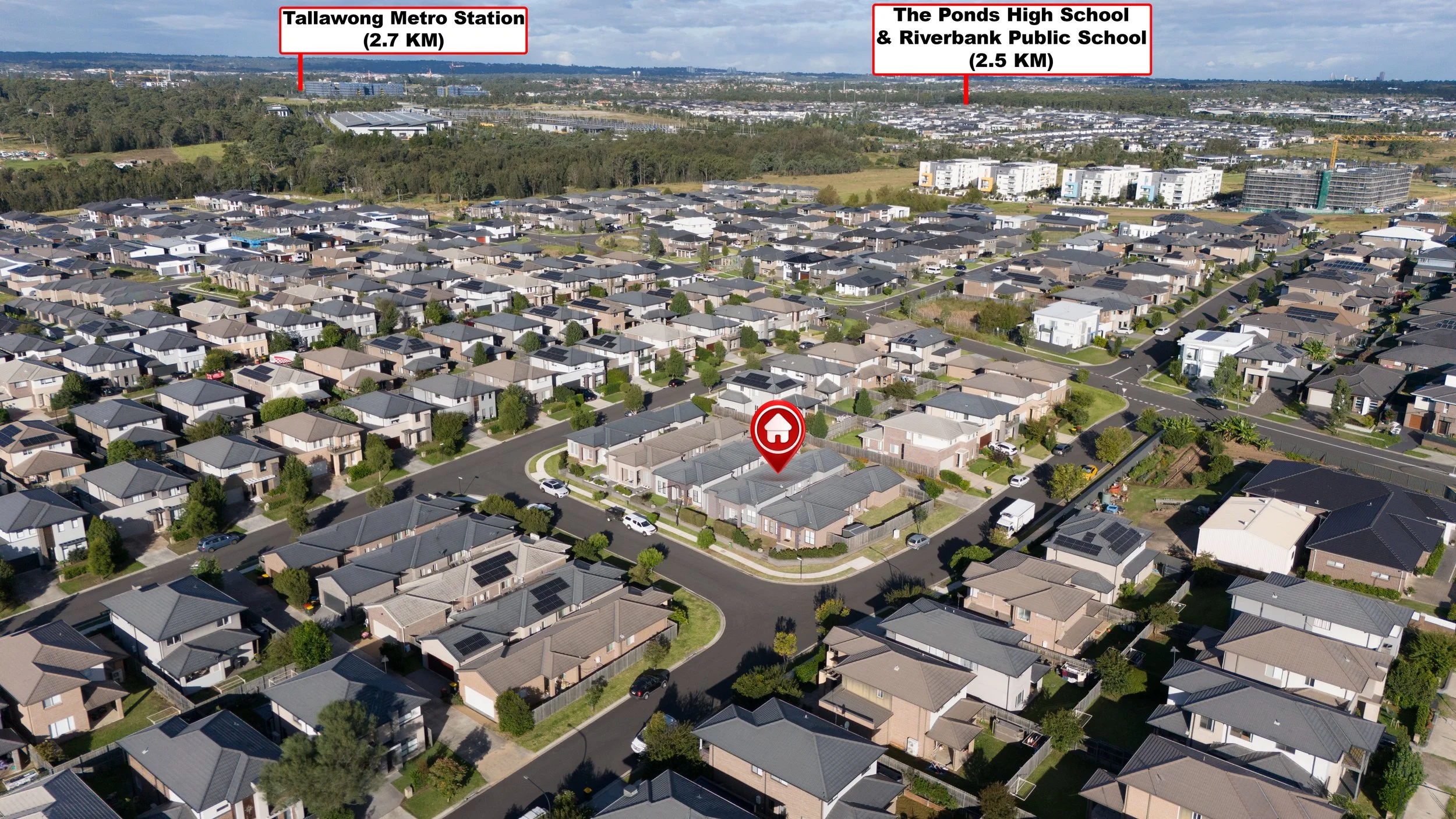 Aerial view of a residential neighborhood with many houses, some with solar panels, and streets lined with trees. Labels indicate distances to Tallawong Metro Station (2.7 km) and The Ponds High School & Riverbank Public School (2.5 km).